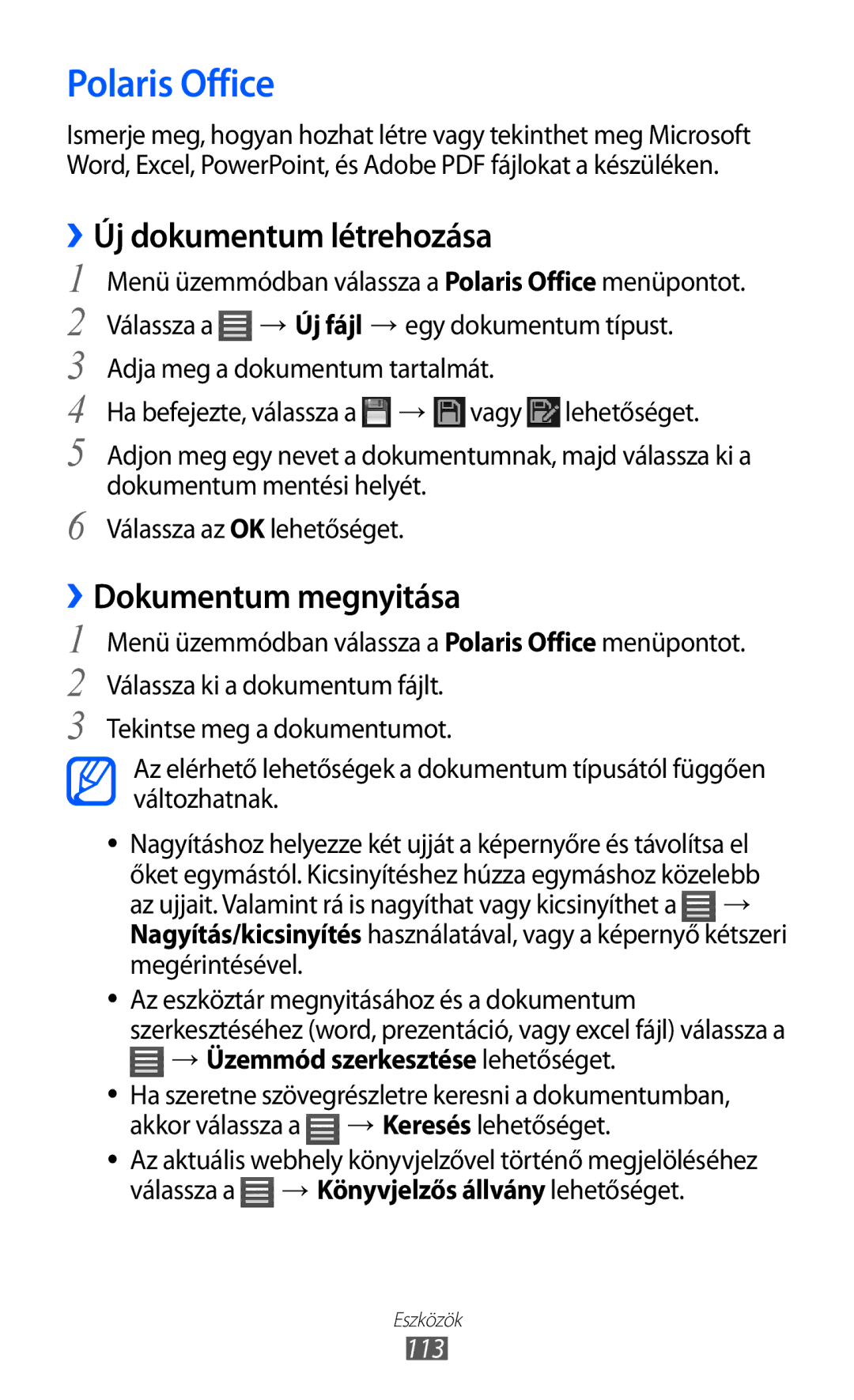 Samsung GT-S8600HKAXEZ, GT-S8600HKATPL manual Polaris Office, Új dokumentum létrehozása, Dokumentum megnyitása, 113 