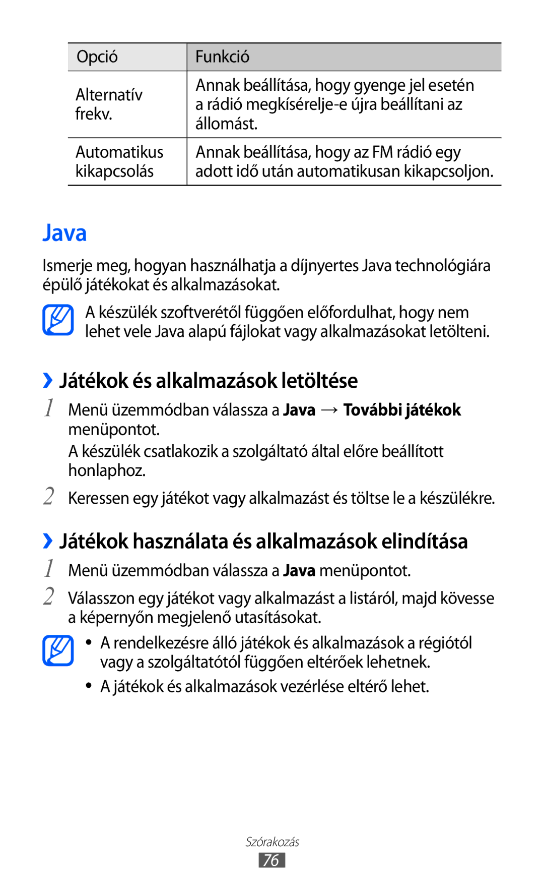 Samsung GT-S8600HKAXEO, GT-S8600HKATPL, GT-S8600HKAPRT, GT-S8600WSAPRT manual Java, ››Játékok és alkalmazások letöltése 