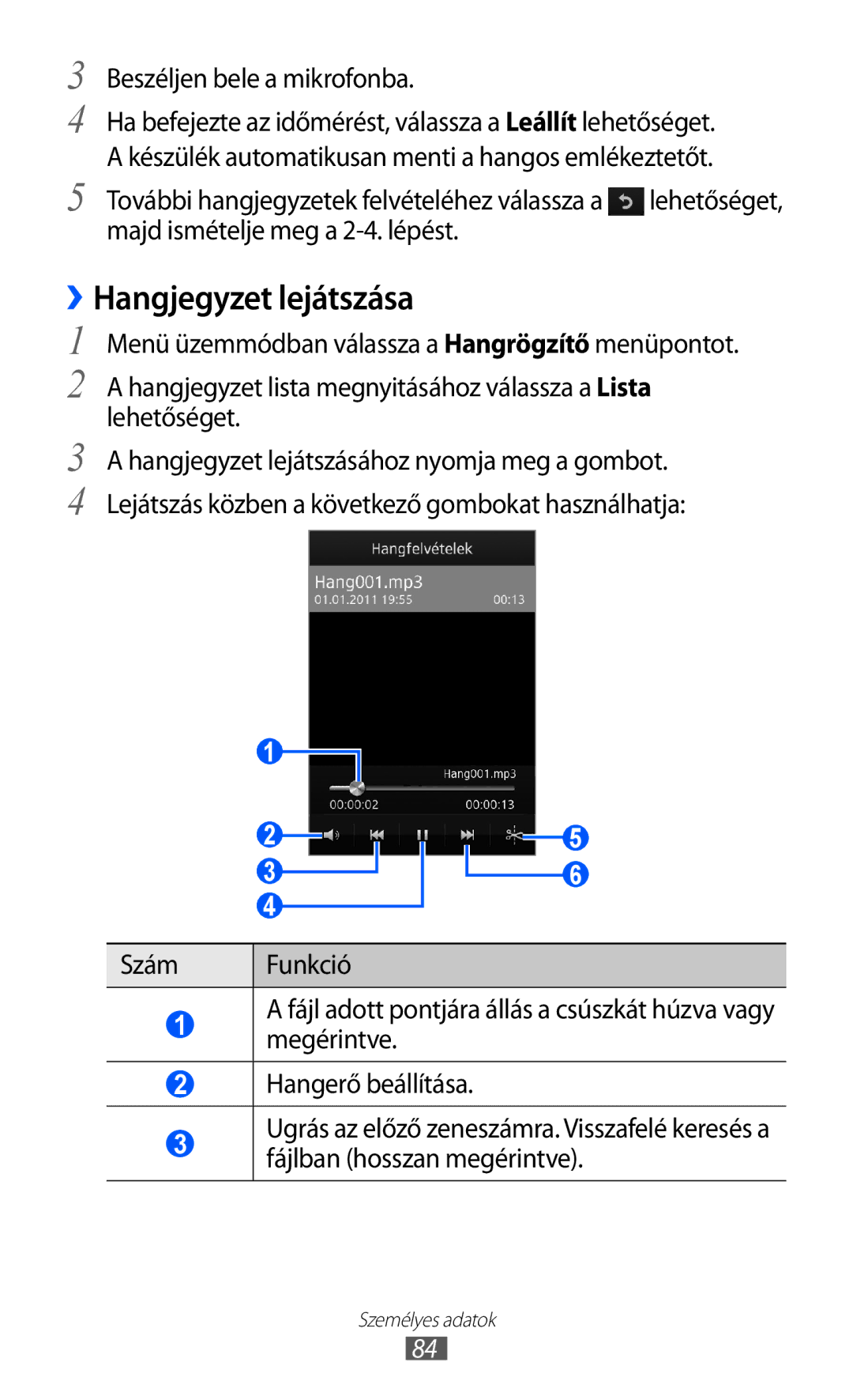 Samsung GT-S8600HKADBT manual ››Hangjegyzet lejátszása, Beszéljen bele a mikrofonba, Majd ismételje meg a 2-4. lépést 