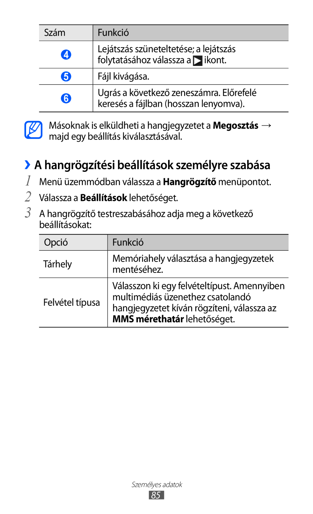 Samsung GT-S8600HKAXEO manual Szám Funkció, Fájl kivágása, Mentéséhez, Felvétel típusa Multimédiás üzenethez csatolandó 