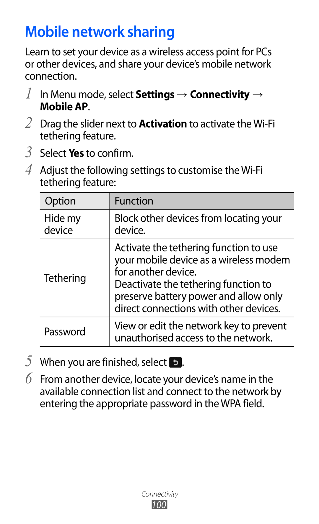 Samsung GT-S8600HKASEB, GT-S8600HKAVD2 manual Mobile network sharing, Device Activate the tethering function to use 