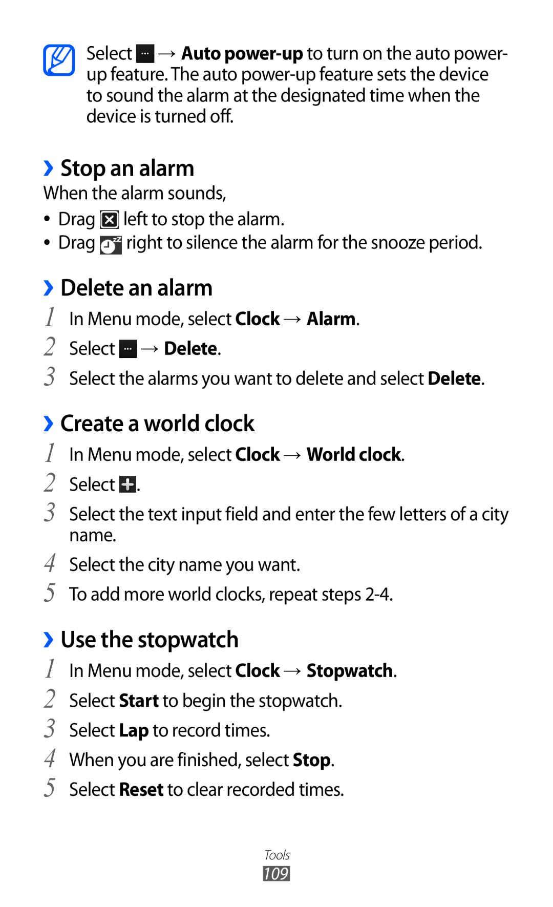 Samsung GT-S8600HKAATO, GT-S8600HKAVD2 ››Stop an alarm, ››Delete an alarm, ››Create a world clock, ››Use the stopwatch 