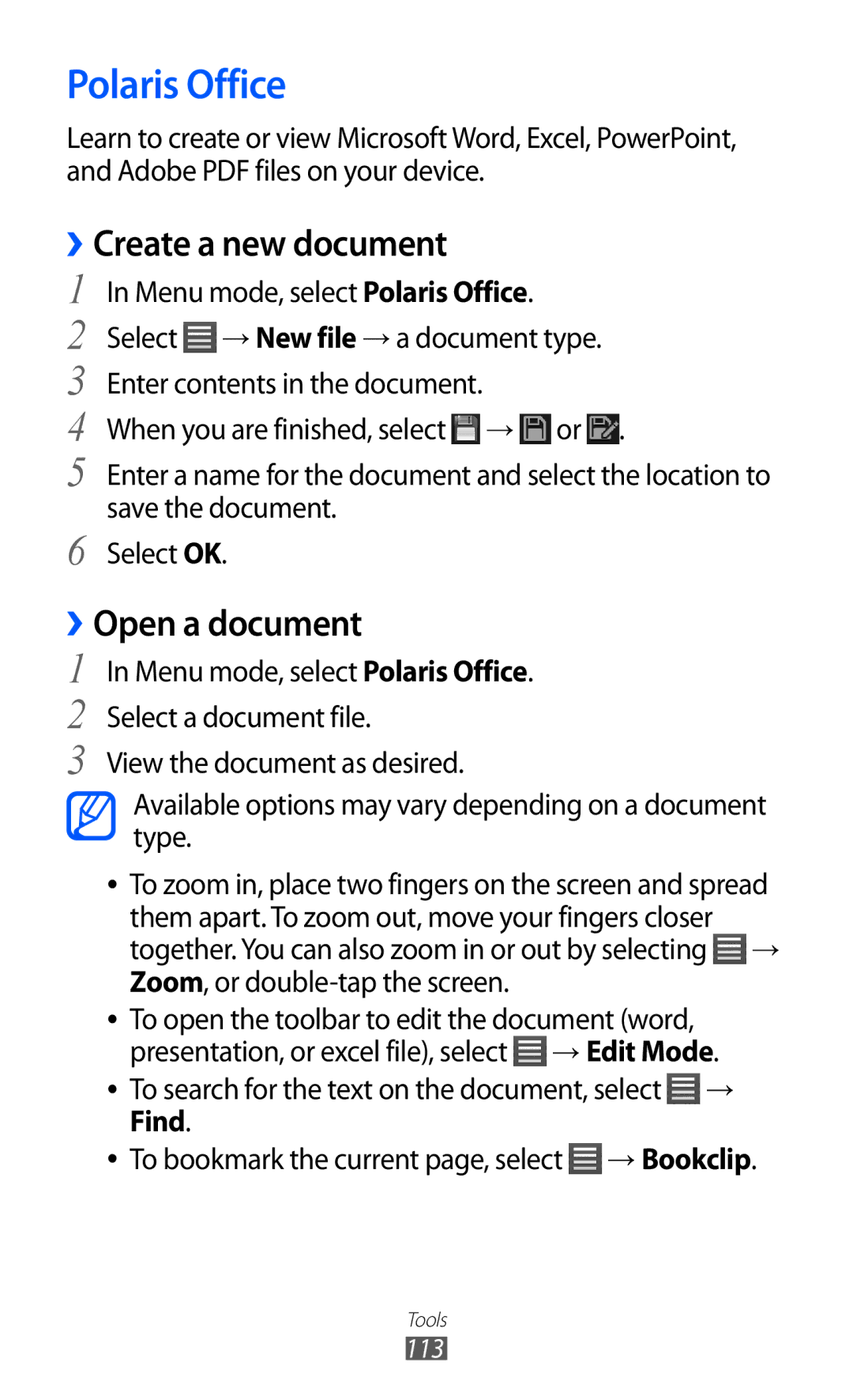 Samsung GT-S8600HKAXEO, GT-S8600HKAVD2, GT-S8600HKAVIA Polaris Office, Create a new document, Open a document, → Edit Mode 