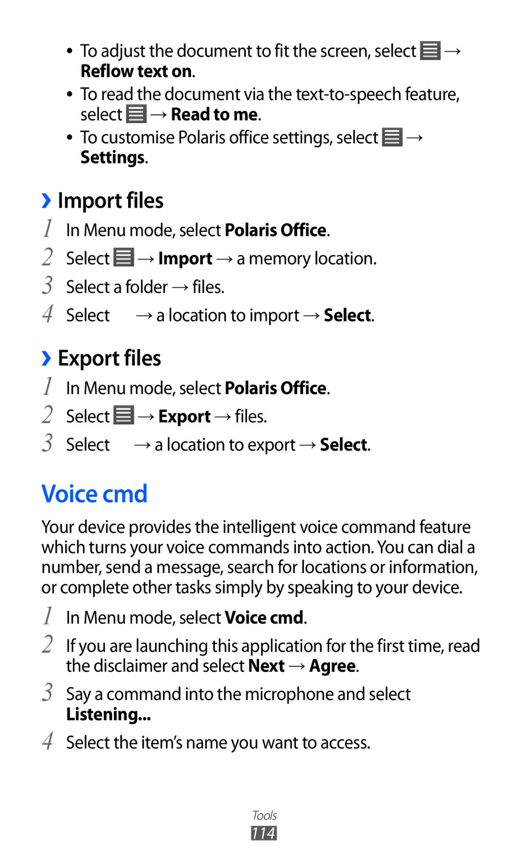 Samsung GT-S8600WSADBT, GT-S8600HKAVD2, GT-S8600HKAVIA, GT-S8600HKATPL manual Voice cmd, Import files, Export files, Listening 