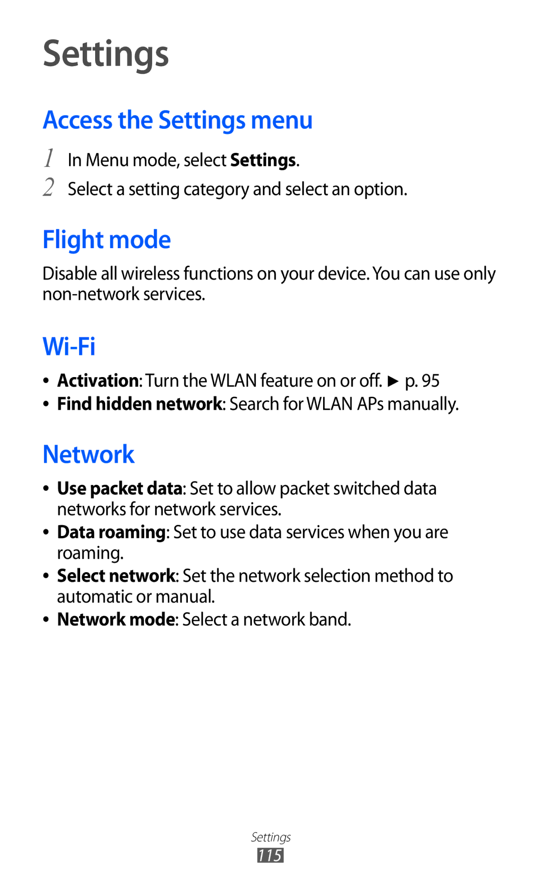 Samsung GT-S8600HKATUR, GT-S8600HKAVD2, GT-S8600HKAVIA, GT-S8600HKATPL Access the Settings menu, Flight mode, Network 