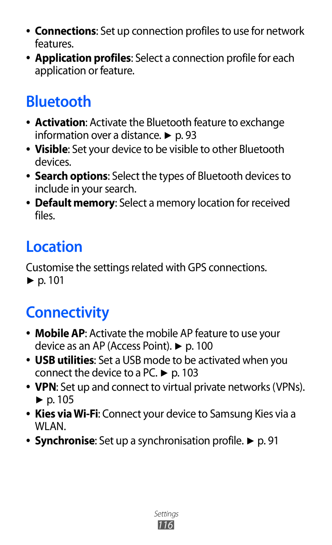 Samsung GT-S8600HKADTM, GT-S8600HKAVD2 manual Location, Connectivity, Customise the settings related with GPS connections 