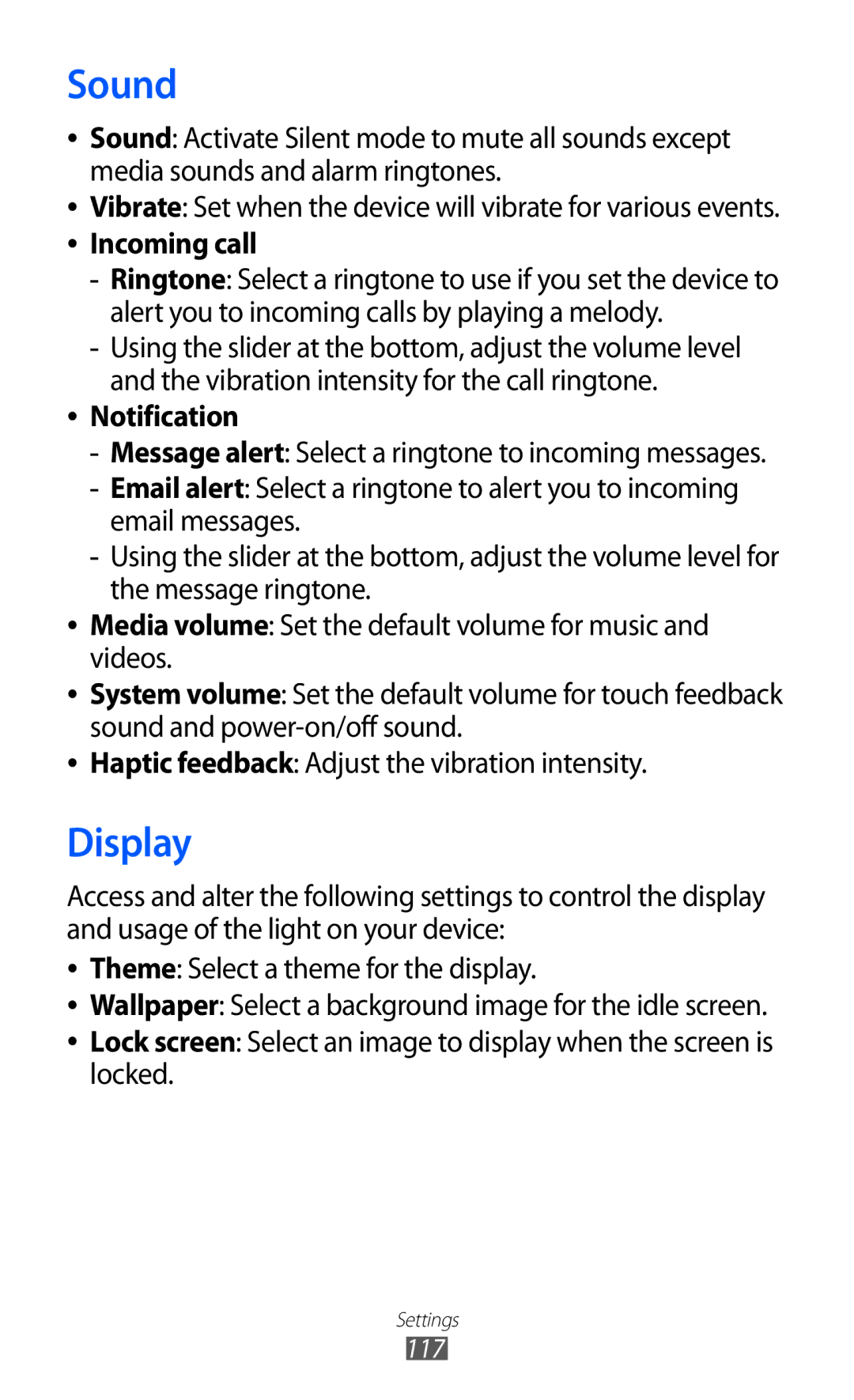 Samsung GT-S8600HKASFR, GT-S8600HKAVD2, GT-S8600HKAVIA, GT-S8600HKATPL, GT-S8600HKAEPL manual Sound, Display, Notification 