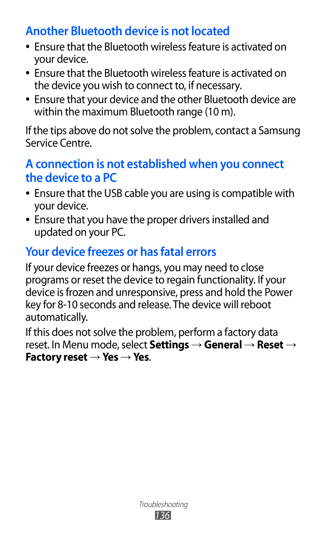 Samsung GT-S8600WSASER, GT-S8600HKAVD2, GT-S8600HKAVIA, GT-S8600HKATPL manual Another Bluetooth device is not located 