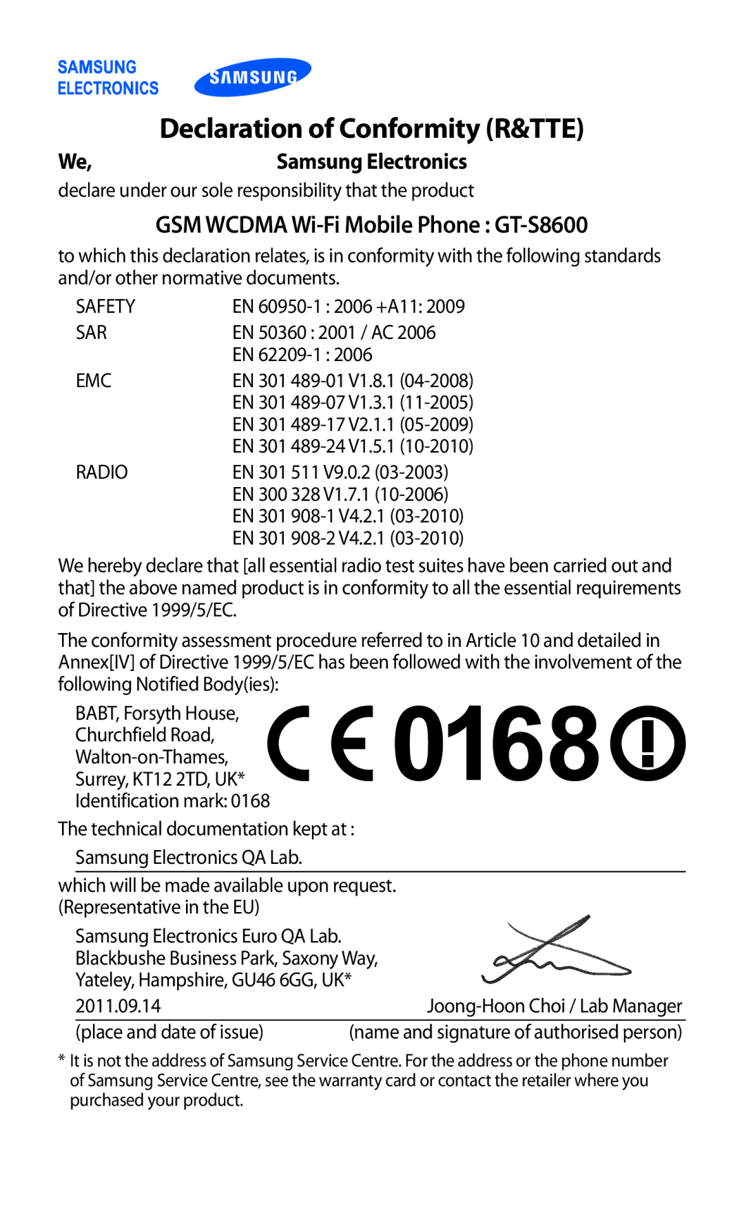 Samsung GT-S8600HKAXEF, GT-S8600HKAVD2 manual Declaration of Conformity R&TTE, GSM Wcdma Wi-Fi Mobile Phone GT-S8600 