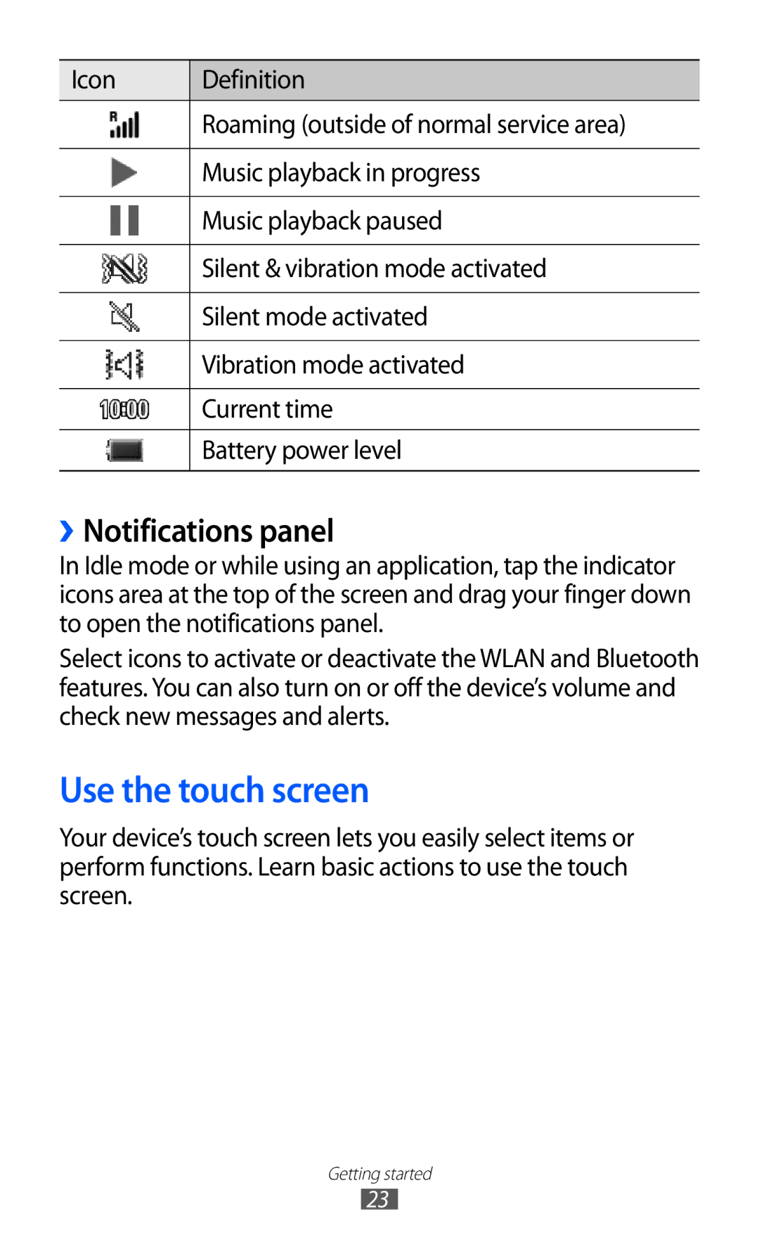 Samsung GT-S8600HKAPHE, GT-S8600HKAVD2, GT-S8600HKAVIA, GT-S8600HKATPL manual Use the touch screen, ››Notifications panel 