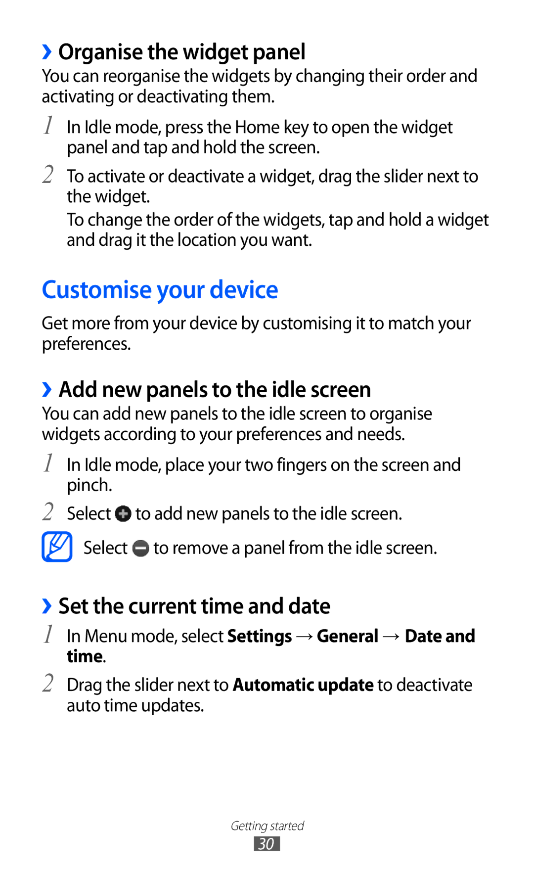 Samsung GT-S8600HKASEB manual Customise your device, ››Organise the widget panel, ››Add new panels to the idle screen 