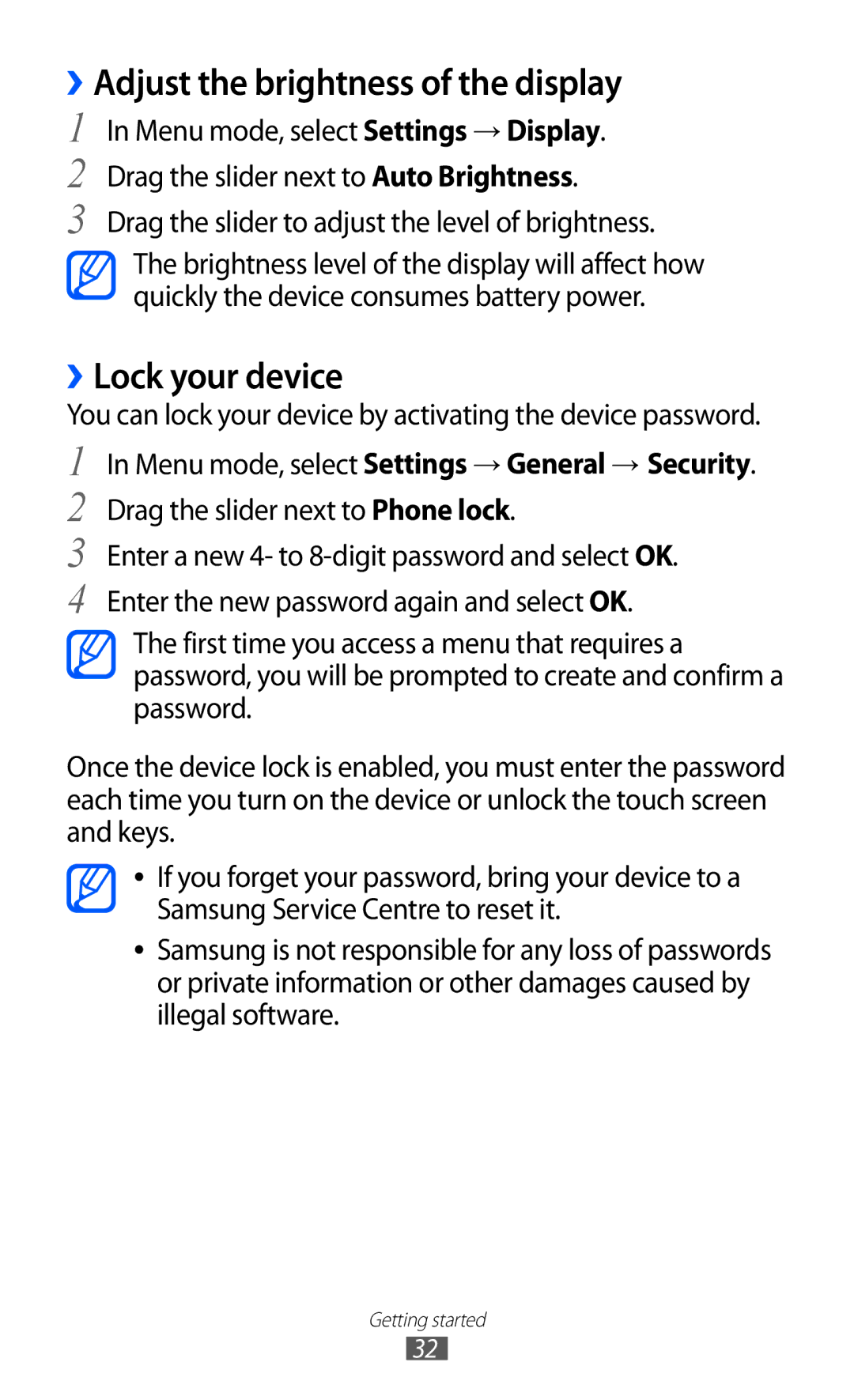 Samsung GT-S8600HKASER, GT-S8600HKAVD2, GT-S8600HKAVIA manual ››Adjust the brightness of the display, ››Lock your device 