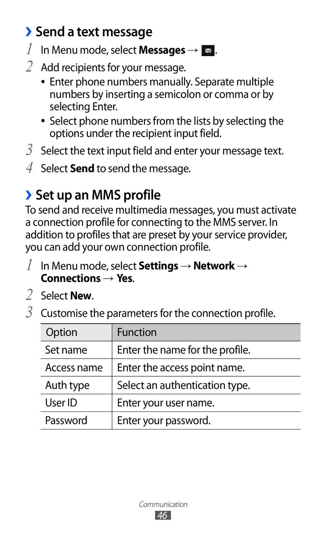 Samsung GT-S8600HKADTM manual ››Send a text message, ››Set up an MMS profile, Menu mode, select Settings → Network → 