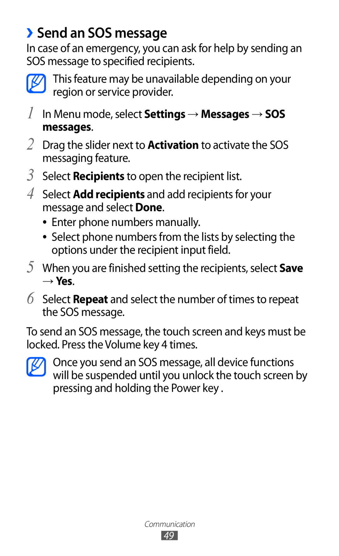 Samsung GT-S8600HKALPM manual ››Send an SOS message, When you are finished setting the recipients, select Save, → Yes 