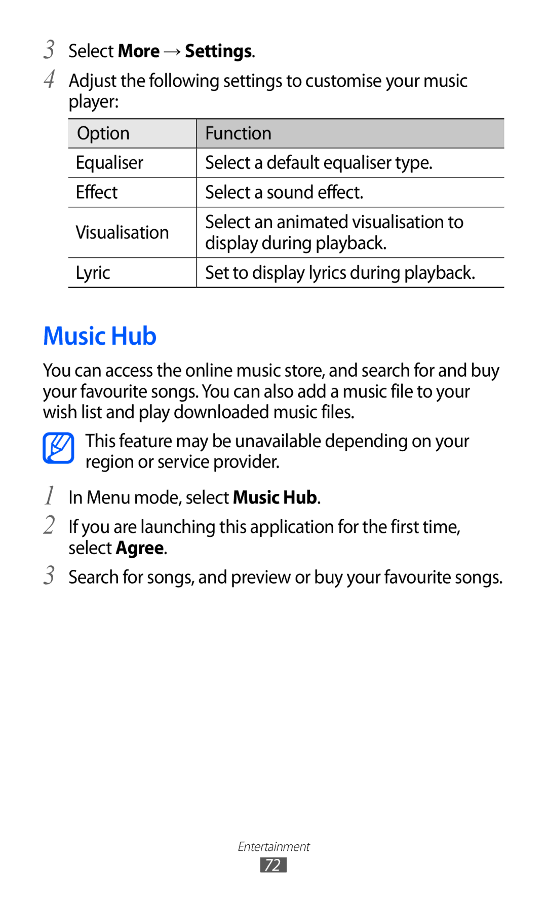 Samsung GT-S8600HKATPL, GT-S8600HKAVD2, GT-S8600HKAVIA, GT-S8600HKAEPL, GT-S8600HKAATO manual Music Hub, Select More → Settings 