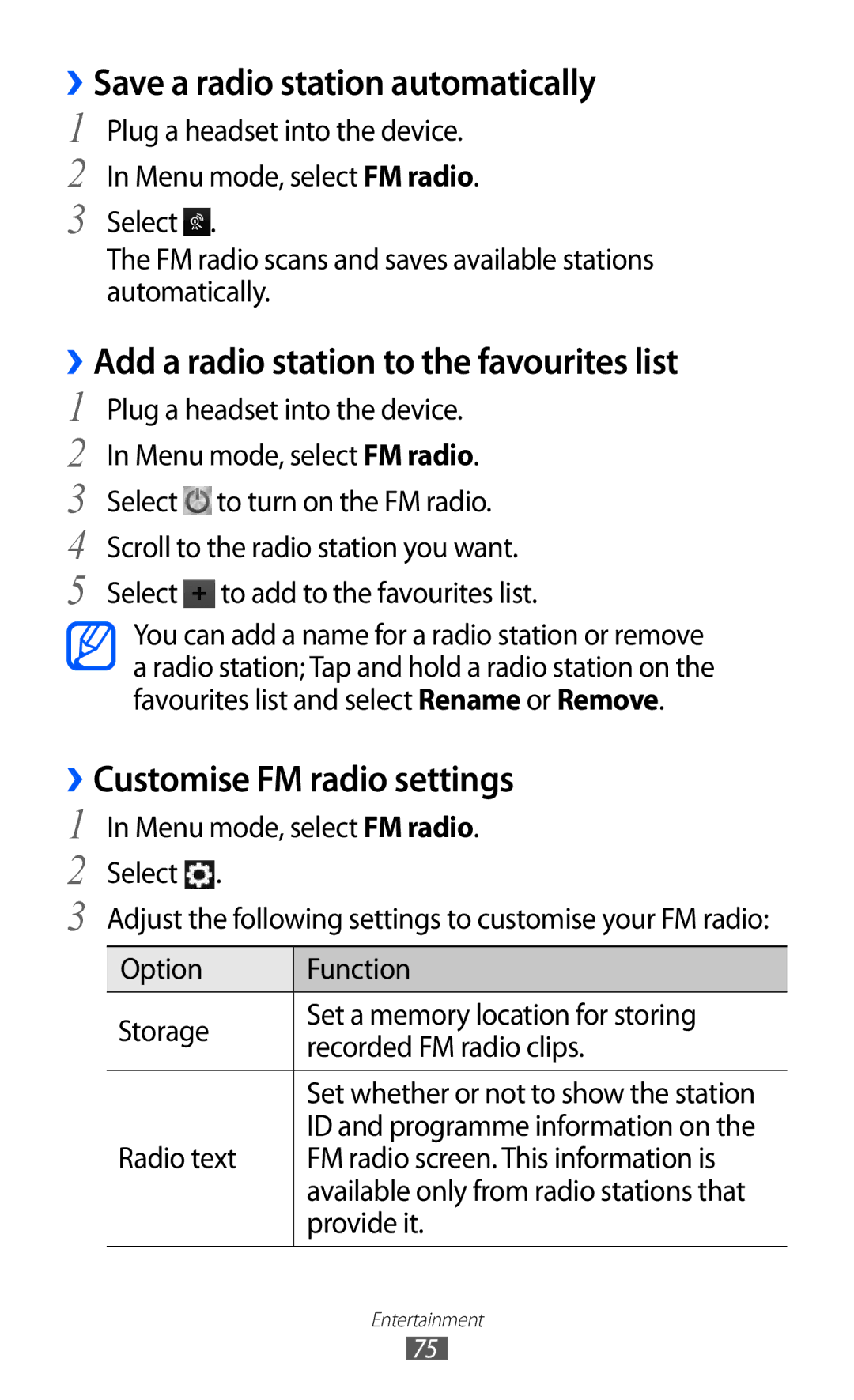 Samsung GT-S8600HKAPRT, GT-S8600HKAVD2 ››Save a radio station automatically, ››Add a radio station to the favourites list 