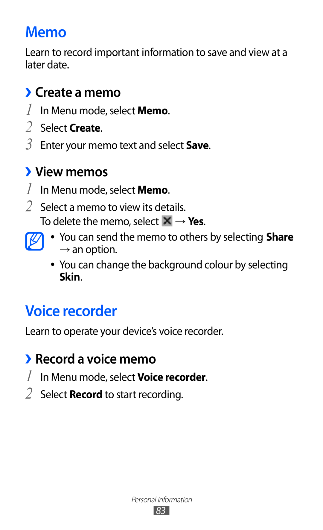 Samsung GT-S8600HKAXEF, GT-S8600HKAVD2 manual Memo, Voice recorder, ››Create a memo, ››View memos, ››Record a voice memo 
