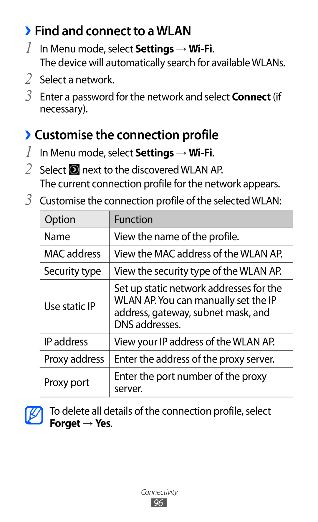 Samsung GT-S8600HKATMZ, GT-S8600HKAVD2, GT-S8600HKAVIA ››Find and connect to a Wlan, ››Customise the connection profile 