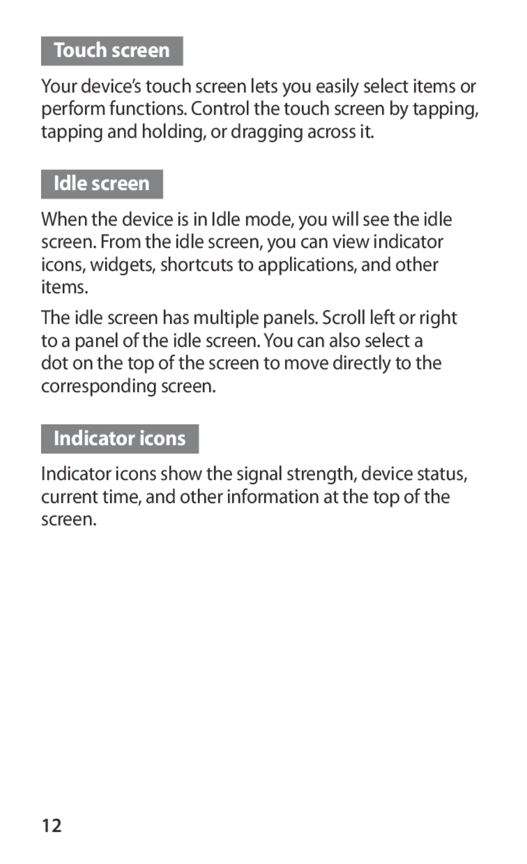 Samsung GT-S8600HKASFR, GT-S8600HKAVD2, GT-S8600HKAVIA, GT-S8600HKATPL manual Touch screen, Idle screen, Indicator icons 