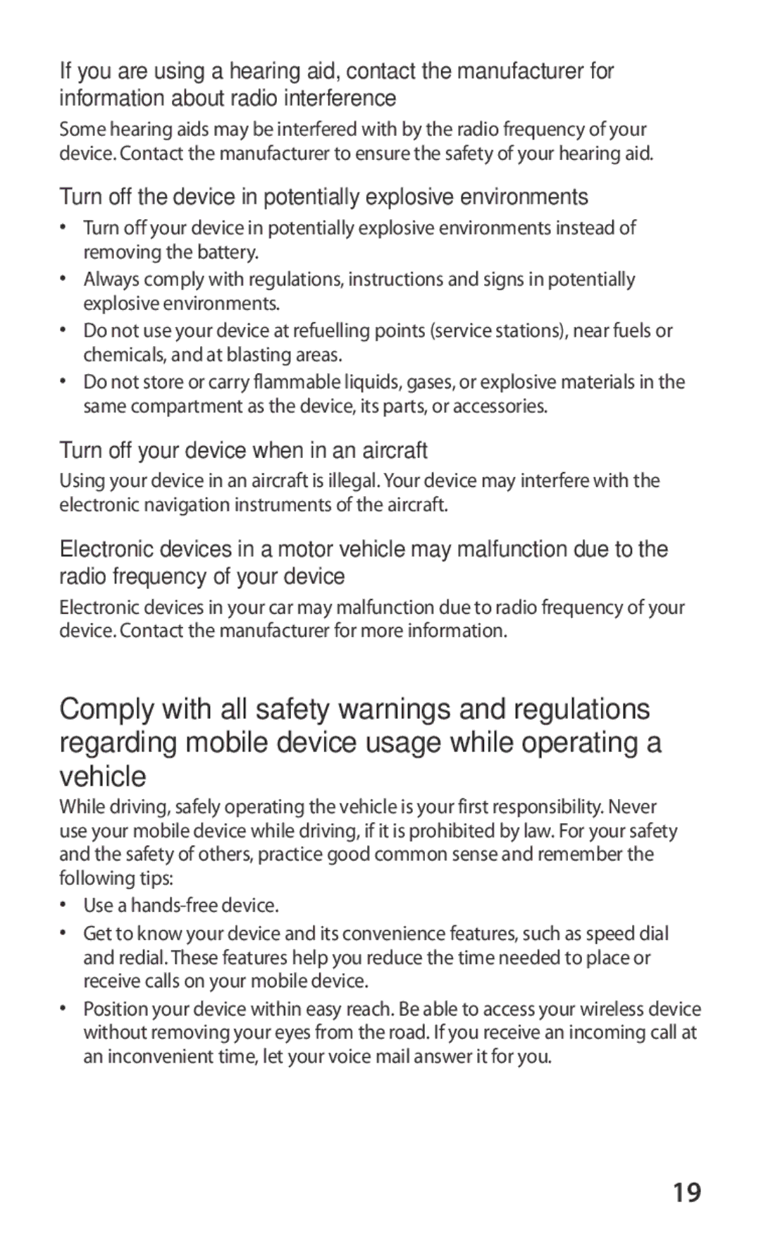 Samsung GT-S8600HKATIM Turn off the device in potentially explosive environments, Turn off your device when in an aircraft 