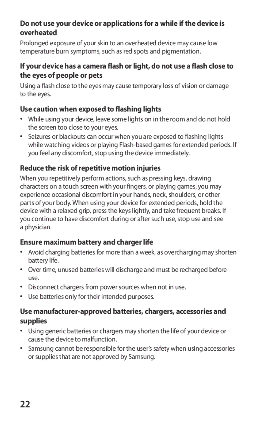 Samsung GT-S8600HKAYOG manual Use caution when exposed to flashing lights, Reduce the risk of repetitive motion injuries 