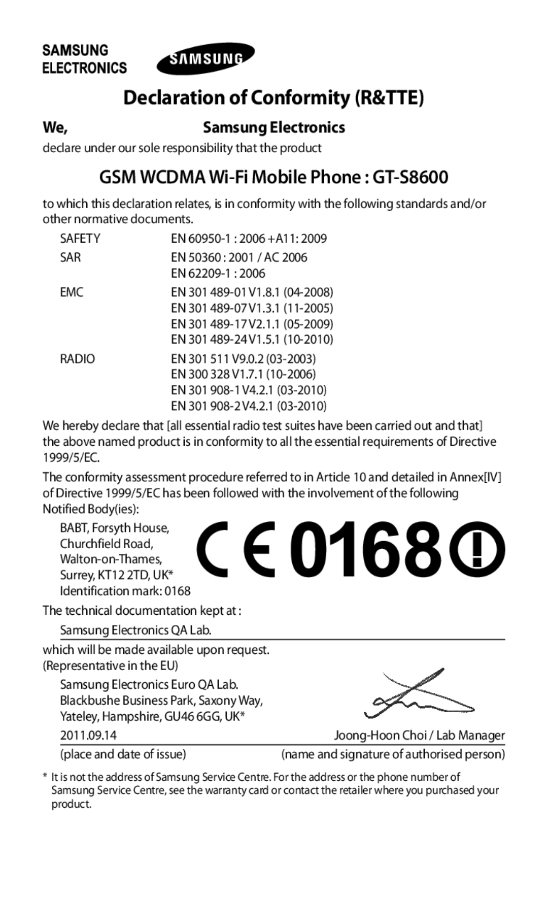 Samsung GT-S8600HKAO2C, GT-S8600HKAVD2, GT-S8600HKAVIA, GT-S8600HKATPL, GT-S8600HKAEPL manual Declaration of Conformity R&TTE 