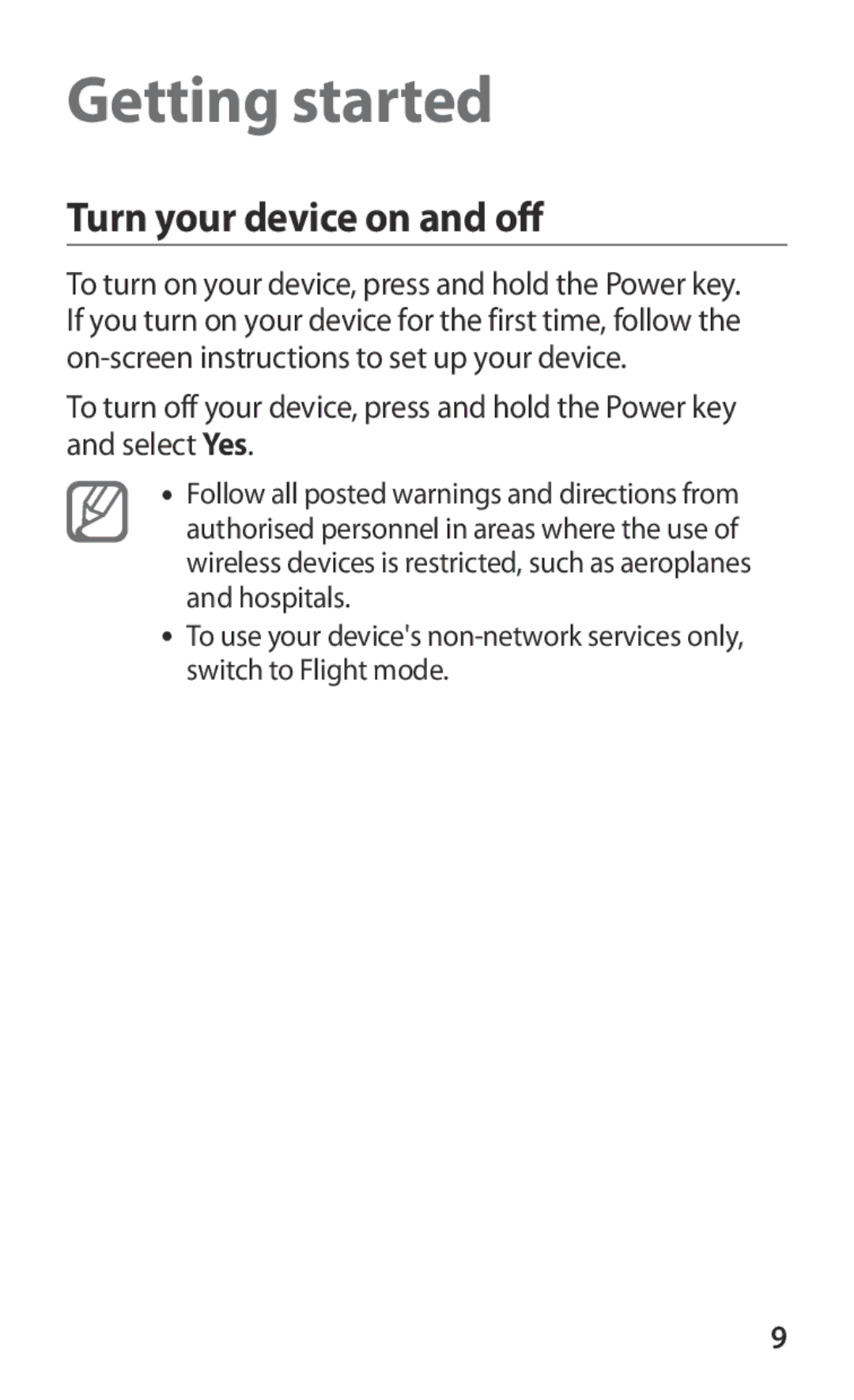 Samsung GT-S8600WSADBT, GT-S8600HKAVD2, GT-S8600HKAVIA, GT-S8600HKATPL manual Getting started, Turn your device on and off 