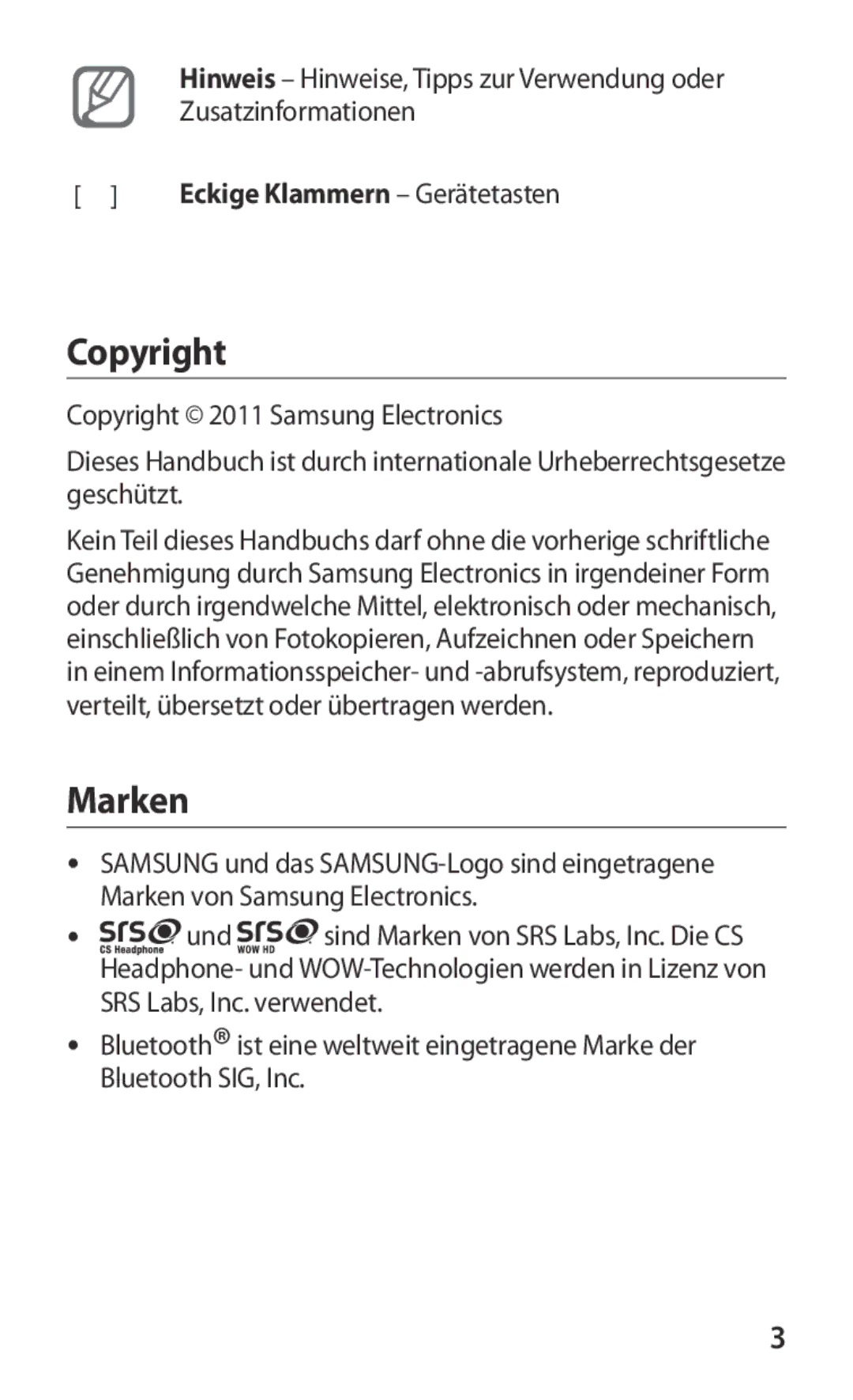 Samsung GT-S8600HKAEPL, GT-S8600HKAVD2, GT-S8600HKAVIA, GT-S8600HKATPL manual Copyright, Marken, Eckige Klammern Gerätetasten 