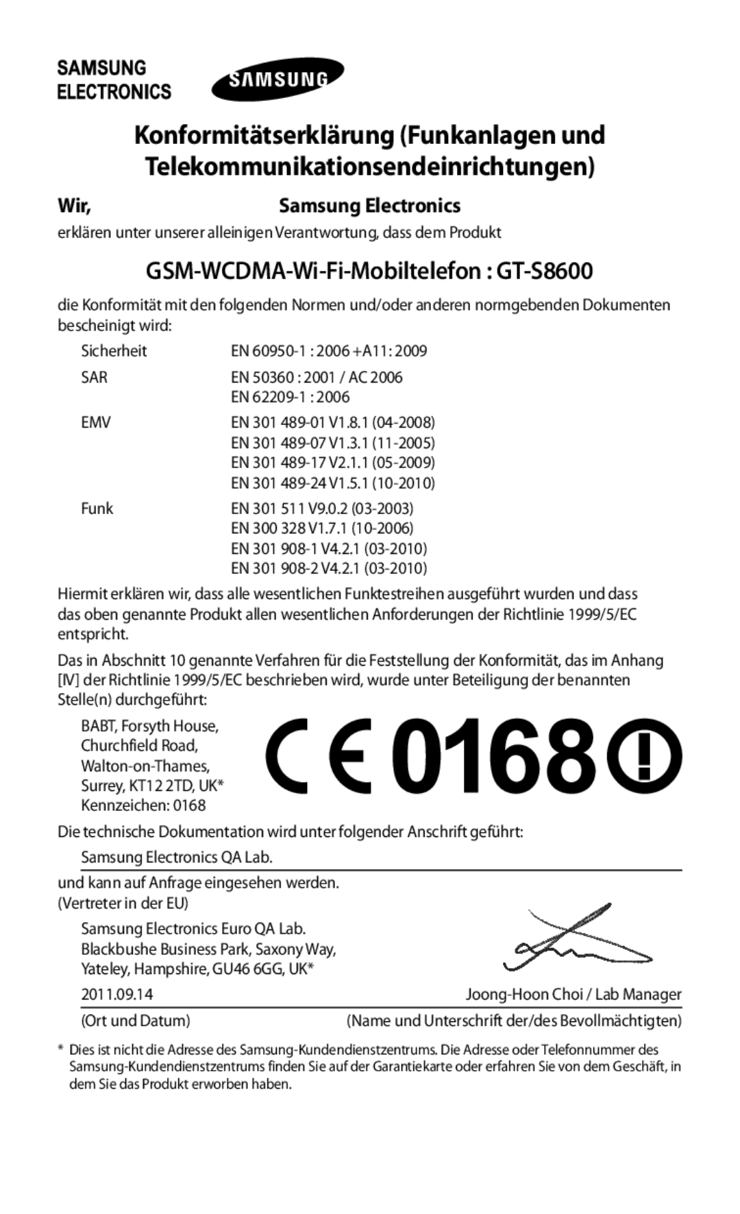 Samsung GT-S8600WSAPRT, GT-S8600HKAVD2, GT-S8600HKAVIA, GT-S8600HKATPL manual Konformitätserklärung Funkanlagen und, Wir 