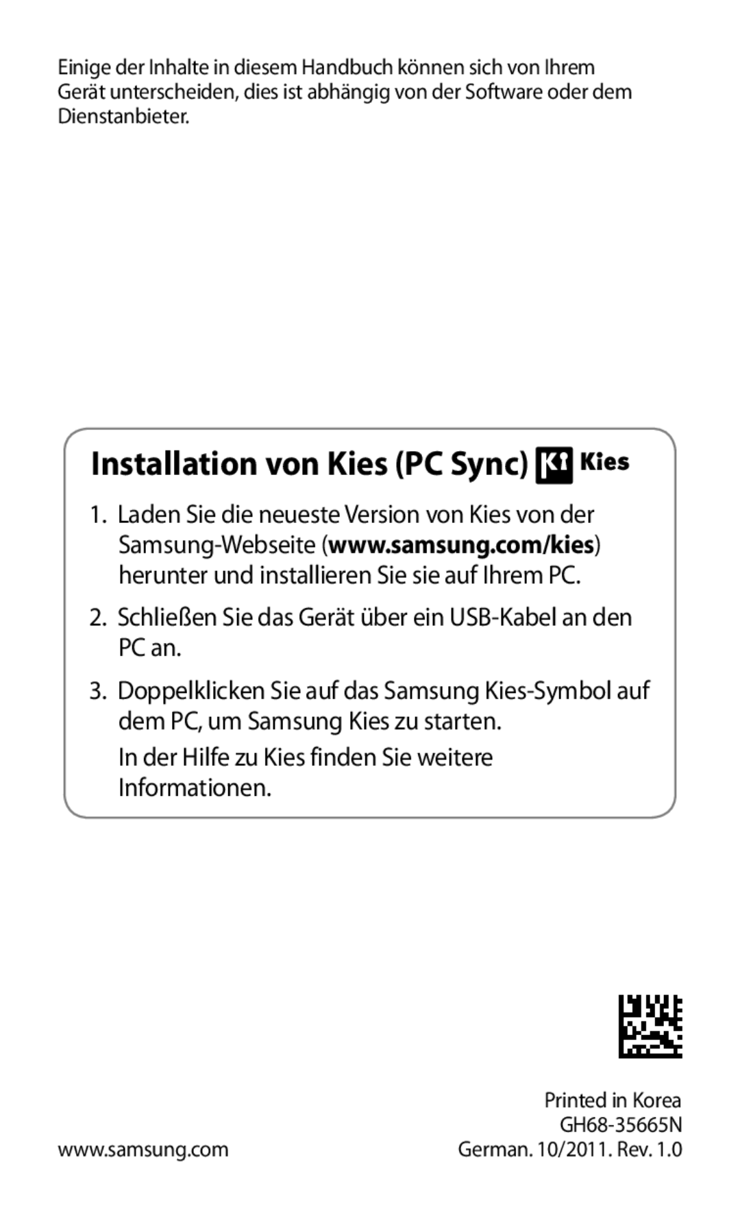 Samsung GT-S8600HKADBT, GT-S8600HKAVD2, GT-S8600HKAVIA, GT-S8600HKATPL manual Installation von Kies PC Sync, GH68-35665N 