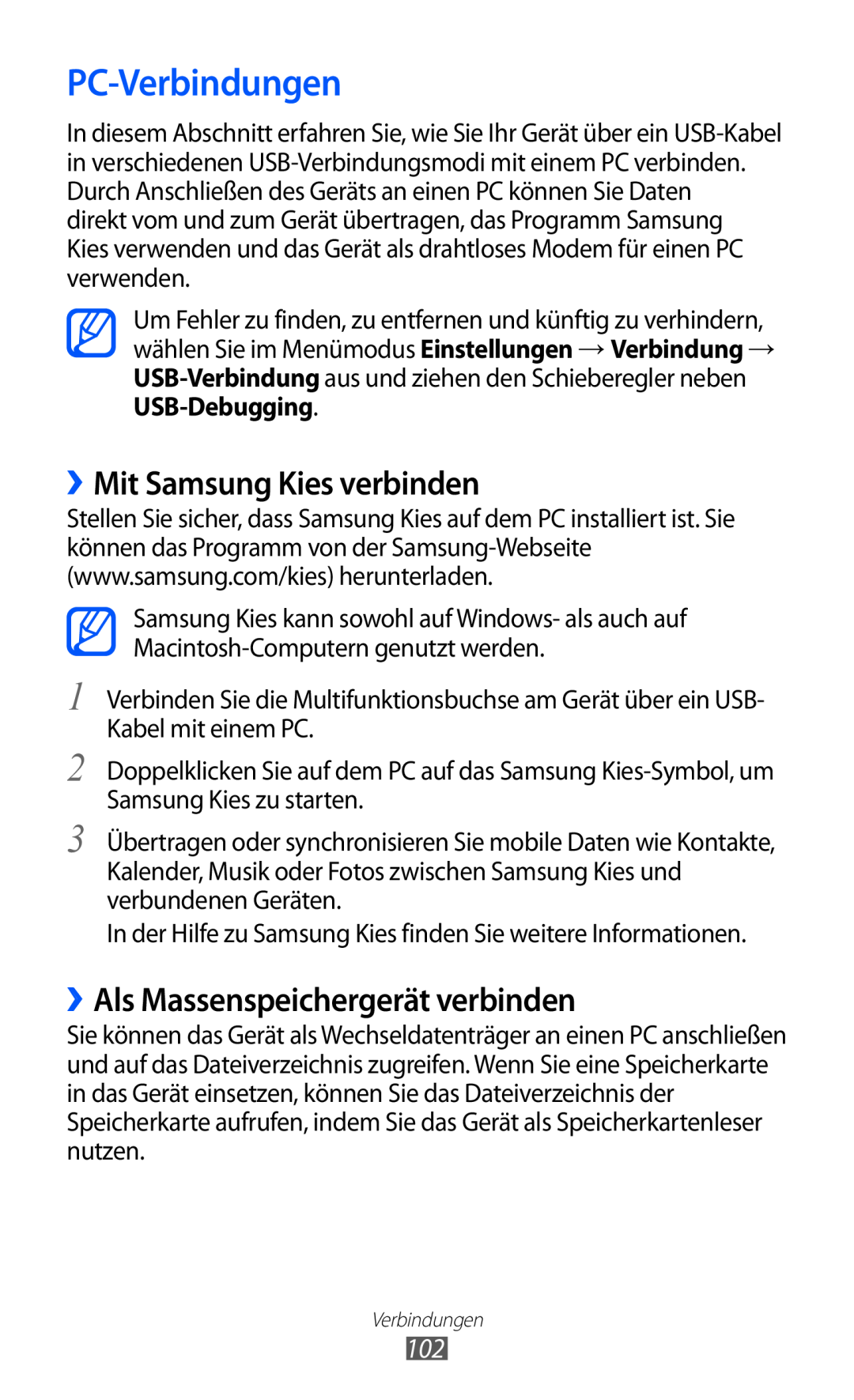 Samsung GT-S8600WSAPRT, GT-S8600HKAVD2 PC-Verbindungen, ››Mit Samsung Kies verbinden, ››Als Massenspeichergerät verbinden 
