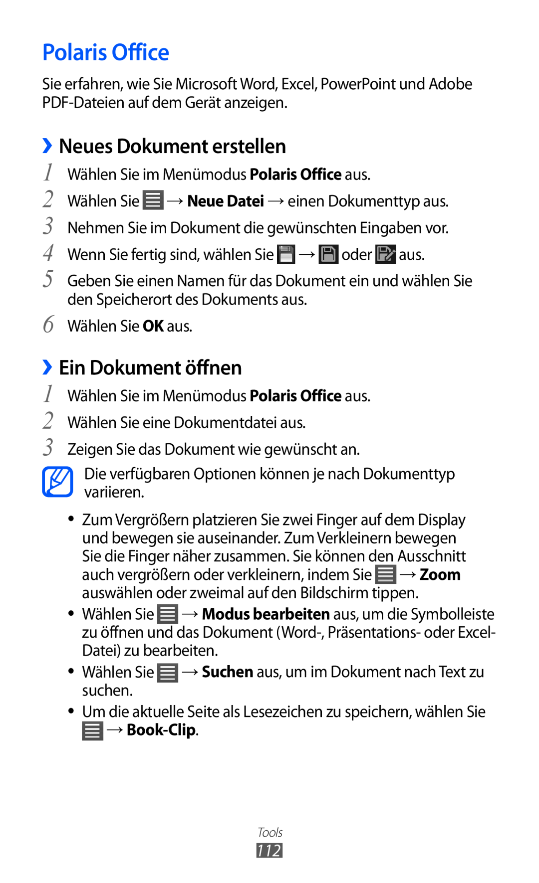 Samsung GT-S8600HKAATO, GT-S8600HKAVD2 Polaris Office, Neues Dokument erstellen, Ein Dokument öffnen, → Zoom, → Book-Clip 