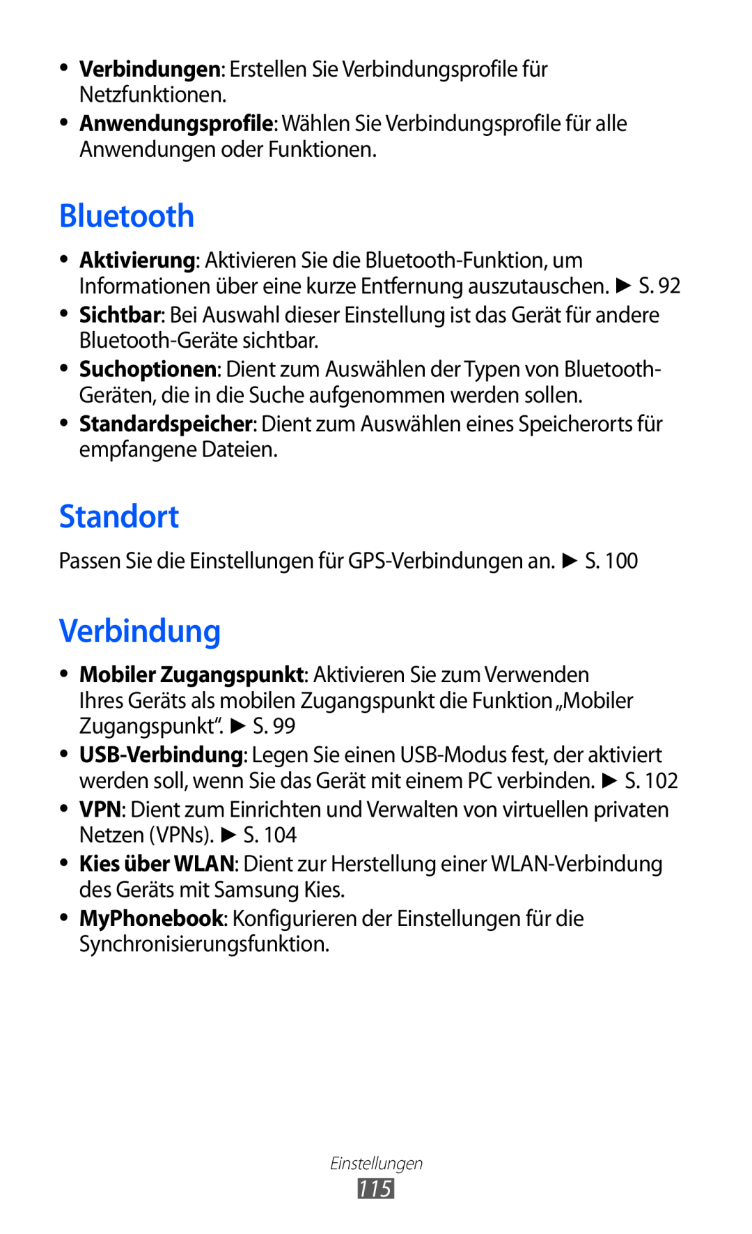 Samsung GT-S8600HKADBT manual Standort, Bluetooth, Verbindungen Erstellen Sie Verbindungsprofile für Netzfunktionen 