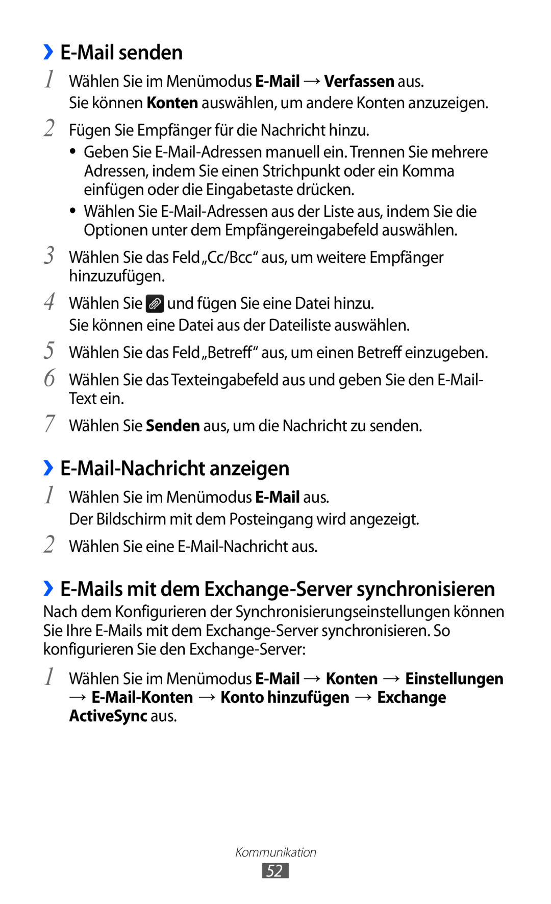 Samsung GT-S8600HKAATO ››E-Mail senden, ››E-Mail-Nachricht anzeigen, ››E-Mails mit dem Exchange-Server synchronisieren 