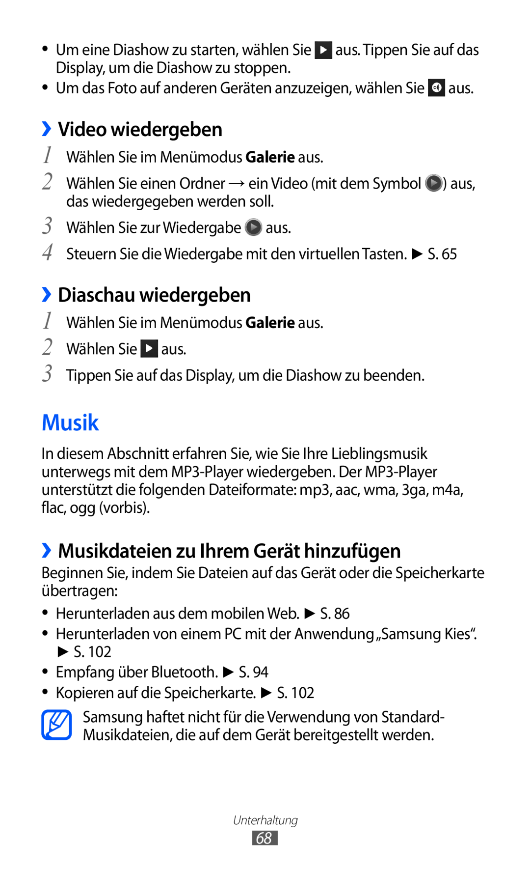 Samsung GT-S8600HKAXEO manual ››Diaschau wiedergeben, ››Musikdateien zu Ihrem Gerät hinzufügen, ››Video wiedergeben 