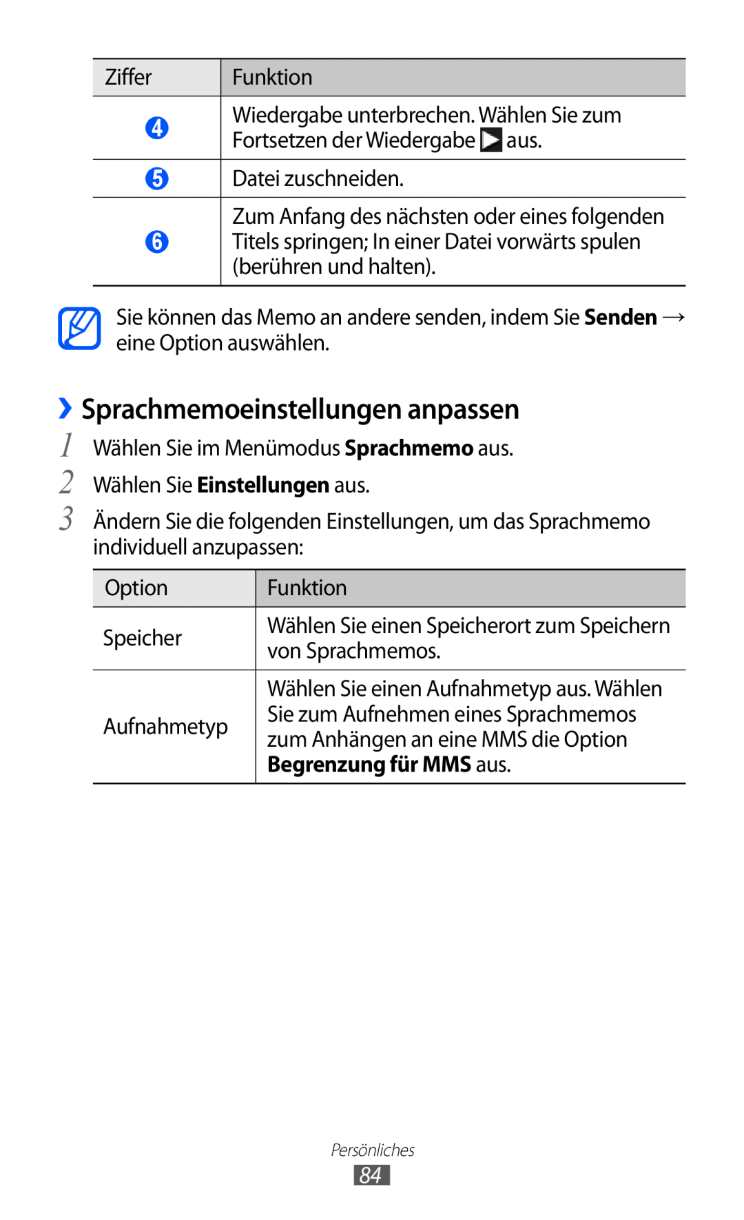 Samsung GT-S8600HKAVD2, GT-S8600HKAVIA, GT-S8600HKATPL manual ››Sprachmemoeinstellungen anpassen, Begrenzung für MMS aus 