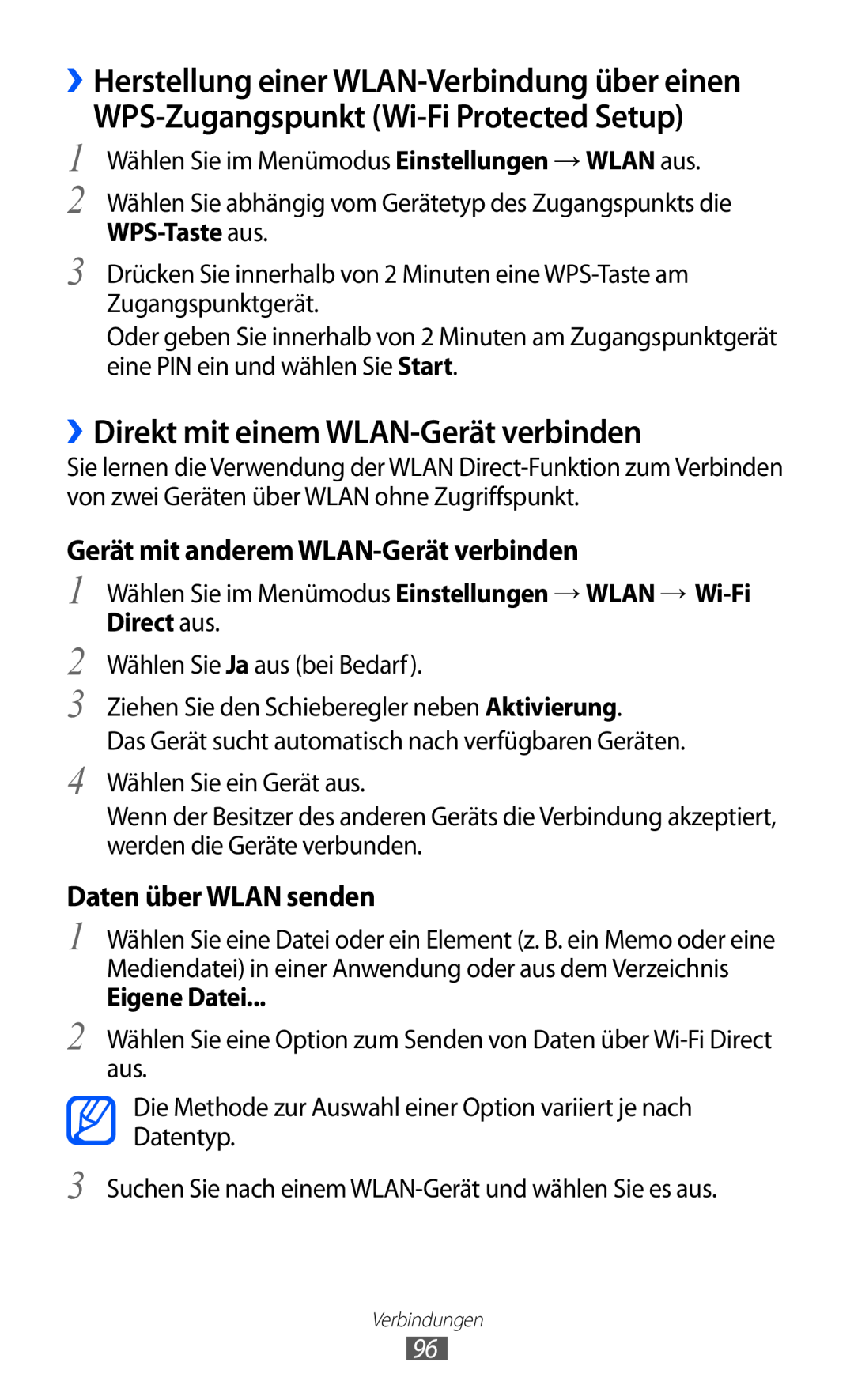 Samsung GT-S8600HKAVD2 manual WPS-Zugangspunkt Wi-Fi Protected Setup, ››Direkt mit einem WLAN-Gerät verbinden, Eigene Datei 