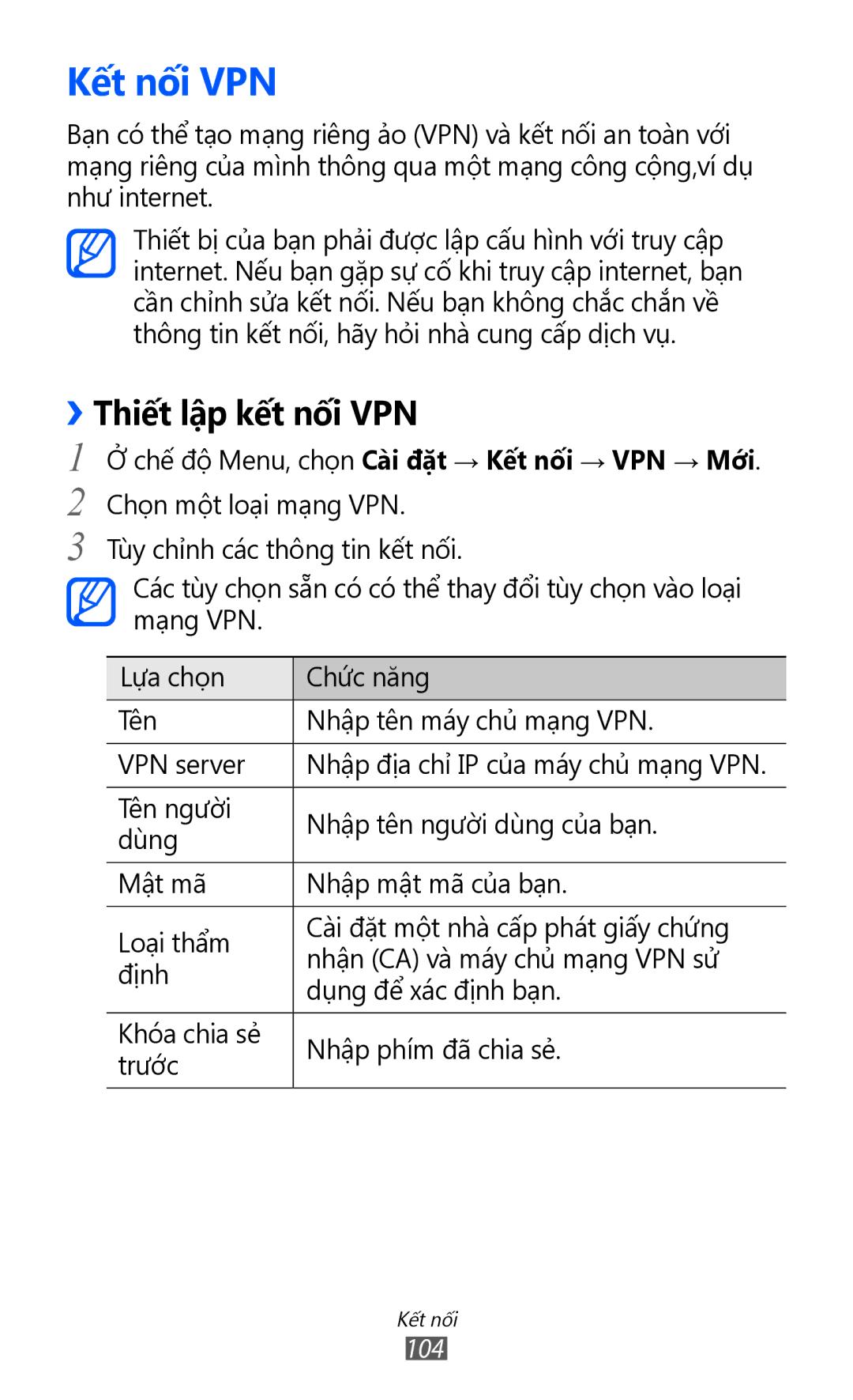 Samsung GT-S8600HKAXXV, GT-S8600HKAXEV manual Kết nối VPN, ››Thiết lập kết nối VPN 