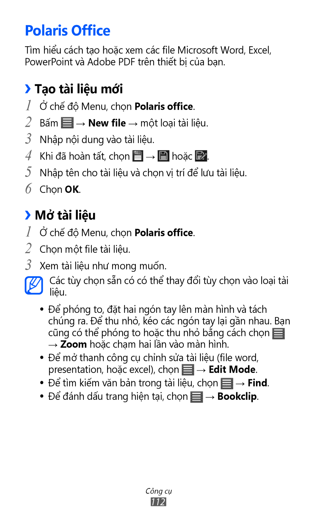 Samsung GT-S8600HKAXXV, GT-S8600HKAXEV manual Polaris Office, ››Tạo tài liệu mới, ››Mở tài liệu, → Edit Mode, → Bookclip 