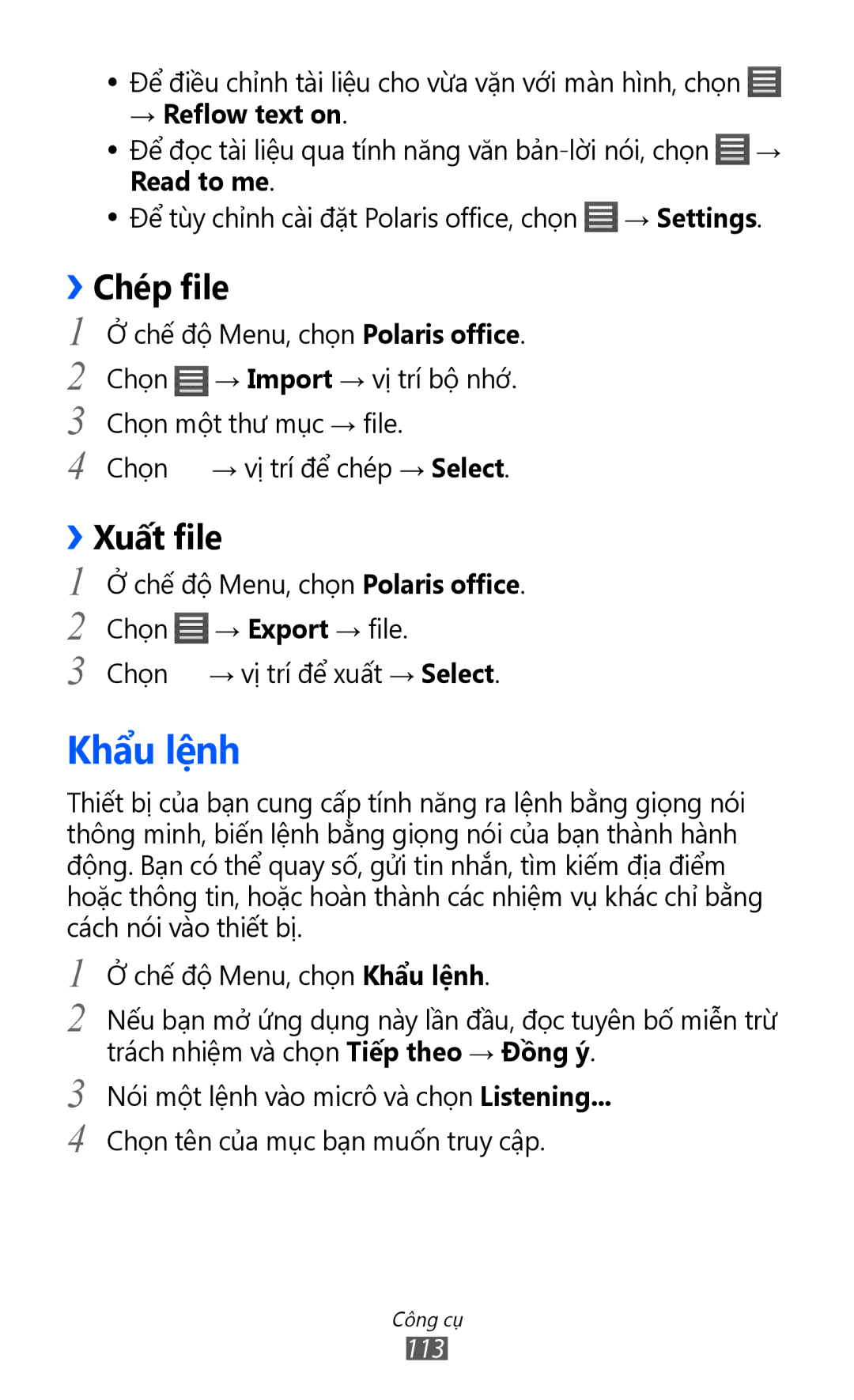 Samsung GT-S8600HKAXEV, GT-S8600HKAXXV manual Khẩu lệnh, ››Chép file, ››Xuất file, → Reflow text on, Read to me 