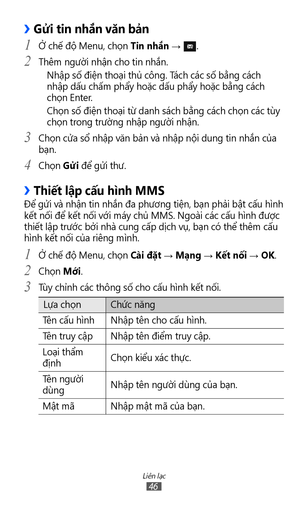 Samsung GT-S8600HKAXXV, GT-S8600HKAXEV manual ››Gửi tin nhắn văn bả̉n, ››Thiết lập cấu hình MMS 