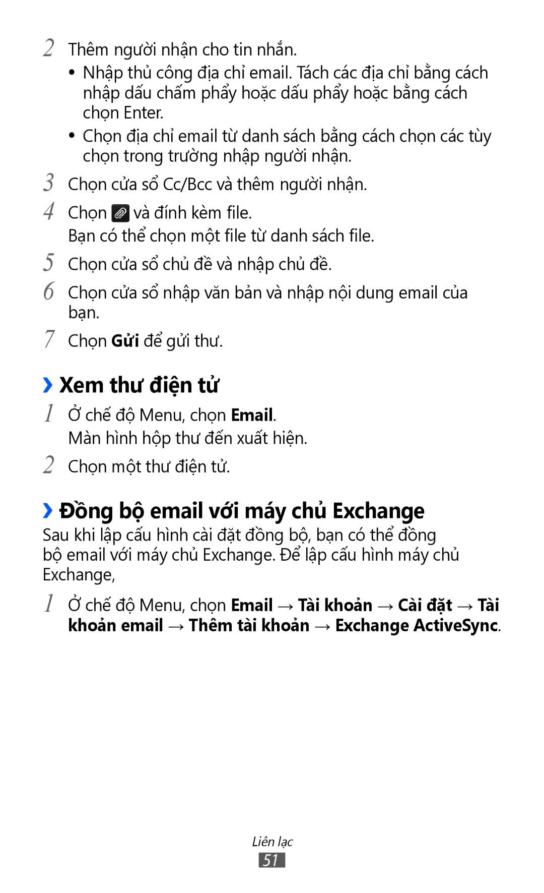 Samsung GT-S8600HKAXEV, GT-S8600HKAXXV manual ››Xem thư điện tử, ››Đồng bộ email với máy chủ Exchange 