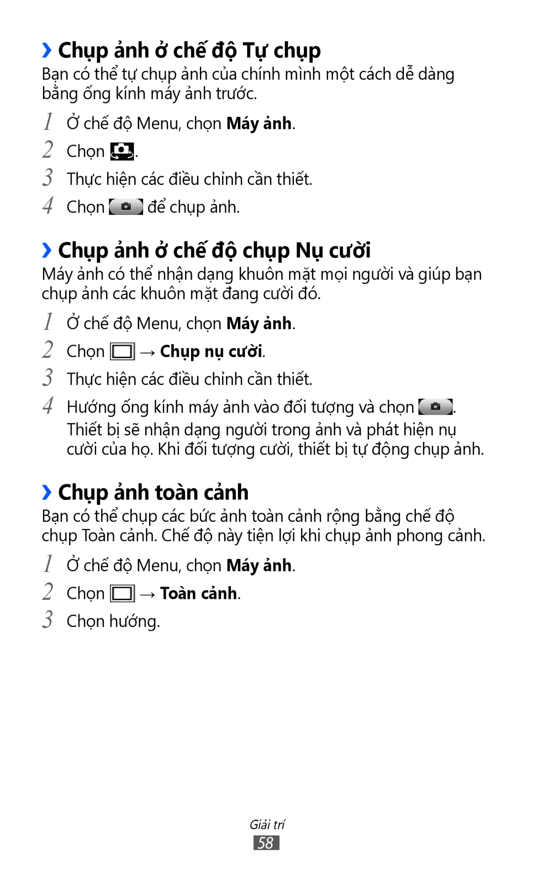 Samsung GT-S8600HKAXXV manual ››Chụp ả̉nh ở chế độ Tự chụp, ››Chụp ả̉nh ở chế độ chụp Nụ cười, ››Chụp ả̉nh toàn cả̉nh 