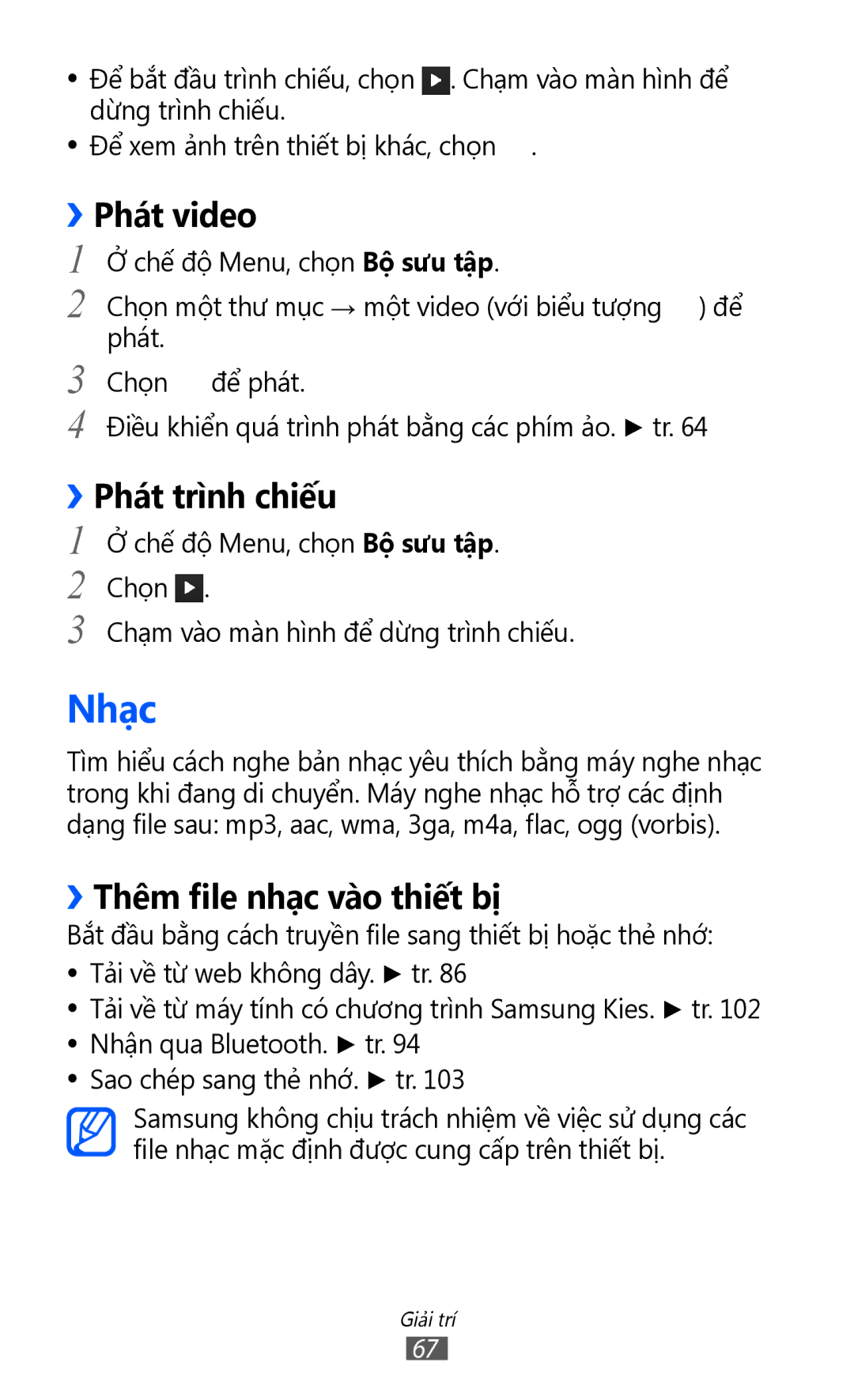 Samsung GT-S8600HKAXEV, GT-S8600HKAXXV manual Nhạc, Phát video, ››Phát trình chiếu, ››Thêm file nhạc vào thiết bị 