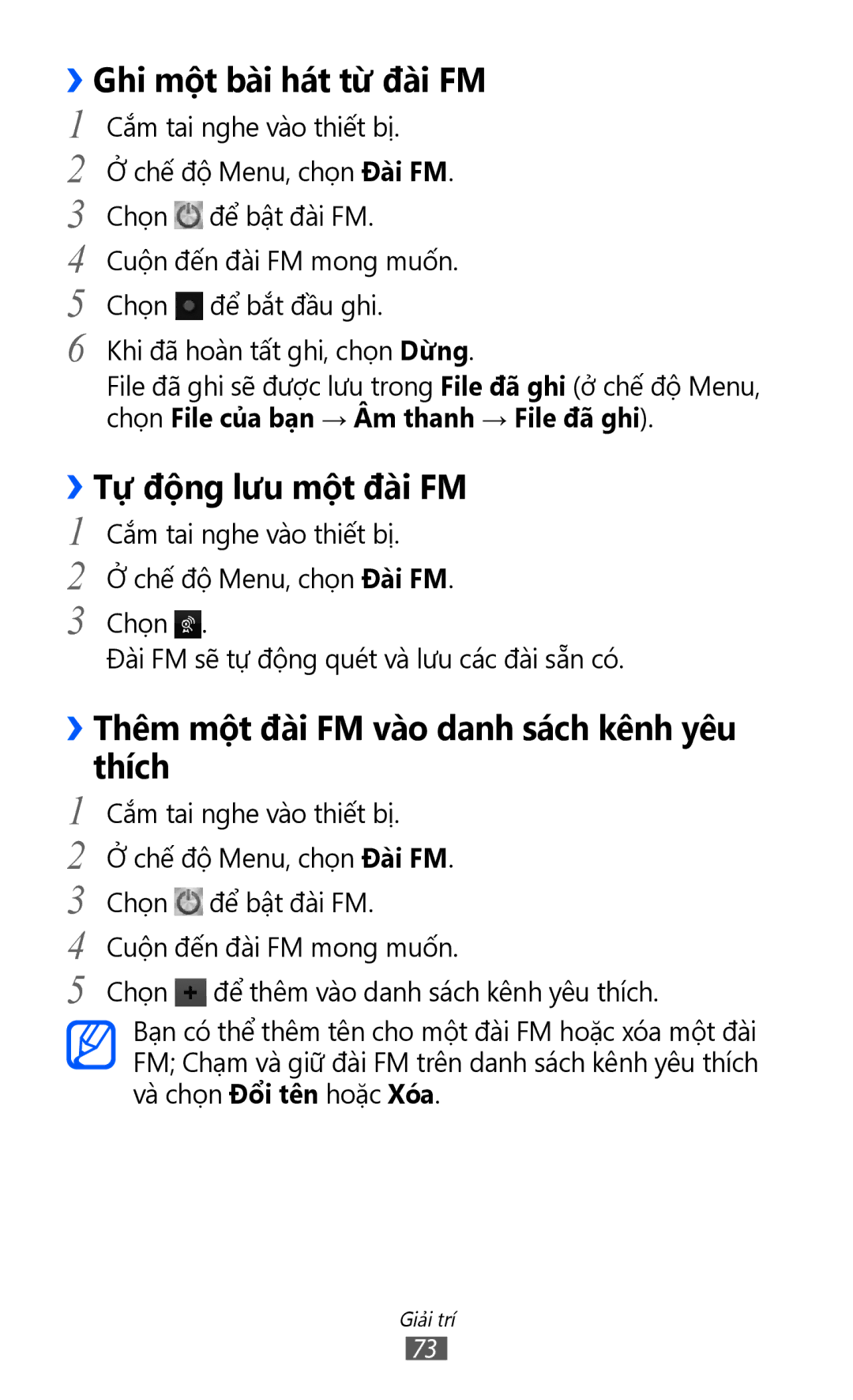 Samsung GT-S8600HKAXEV, GT-S8600HKAXXV manual ››Ghi một bài hát từ đài FM, ››Tự động lưu một đài FM 