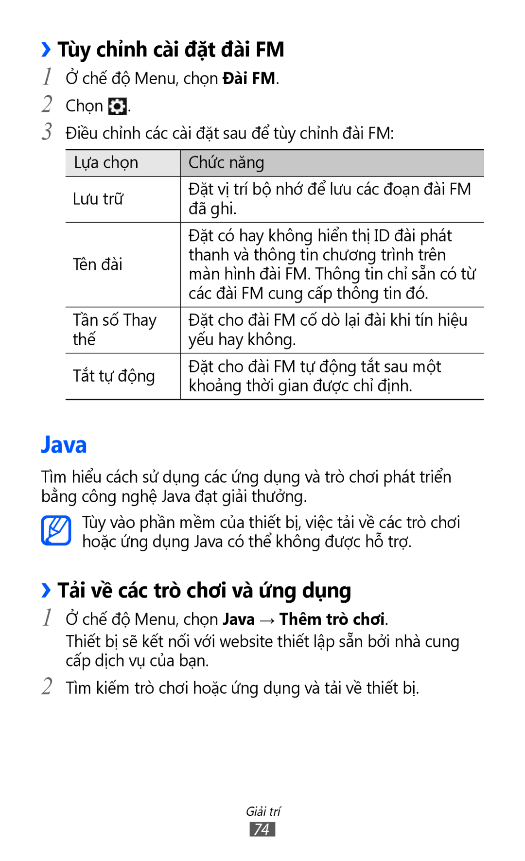 Samsung GT-S8600HKAXXV, GT-S8600HKAXEV manual Java, ››Tùy chỉnh cài đặt đài FM, ››Tả̉i về các trò chơi và ứ́ng dụng 