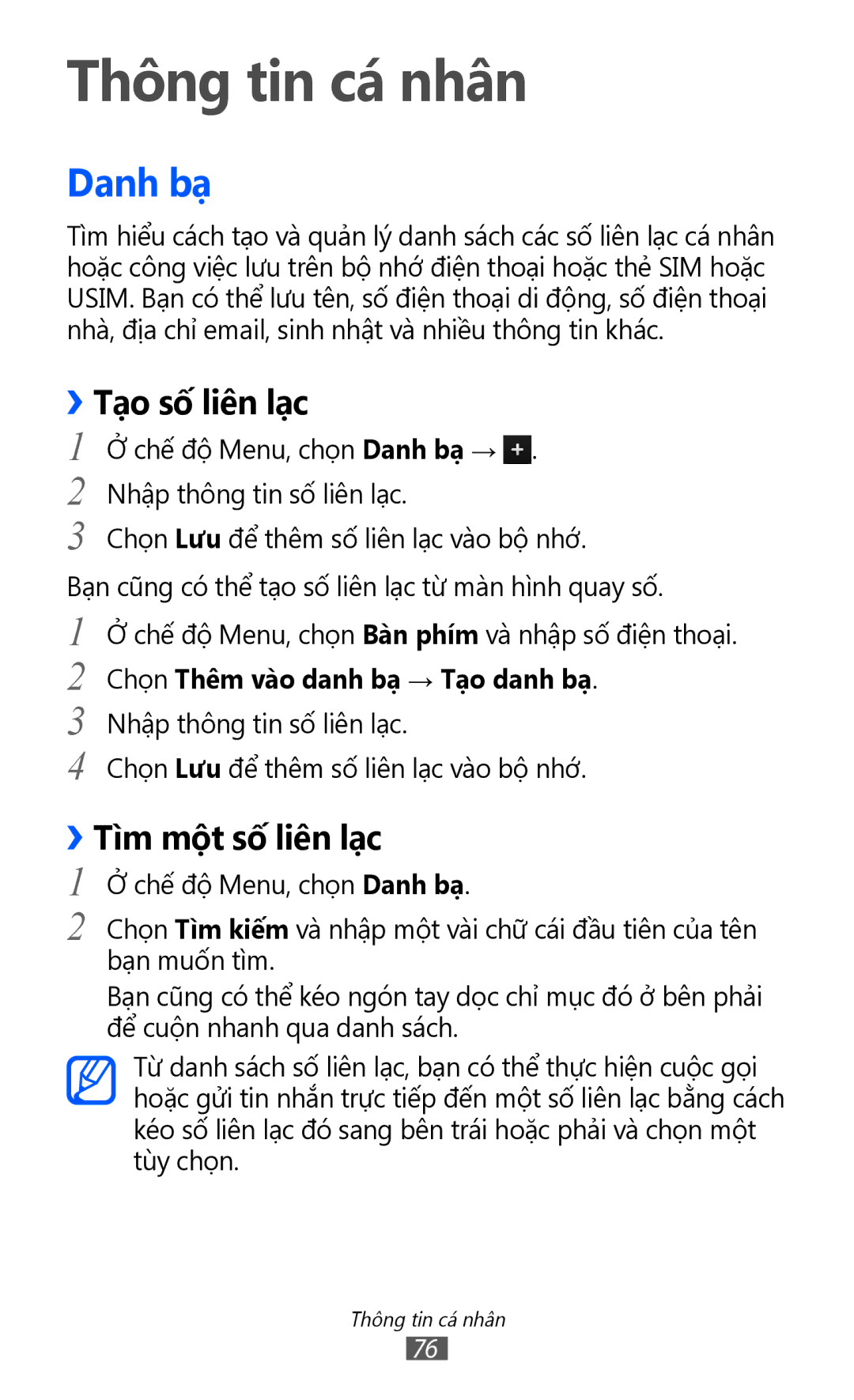 Samsung GT-S8600HKAXXV, GT-S8600HKAXEV manual Thông tin cá nhân, Danh bạ, ››Tạo số liên lạc, ››Tìm một số liên lạc 