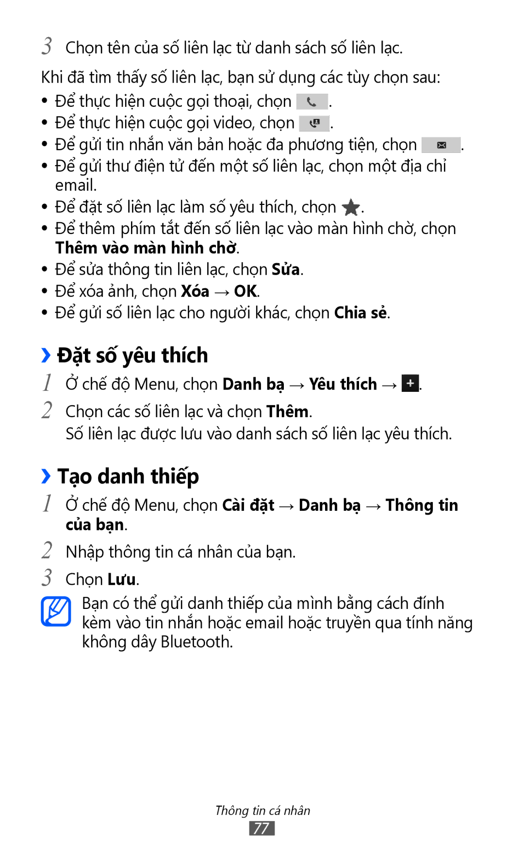 Samsung GT-S8600HKAXEV manual ››Đặt số yêu thích, ››Tạo danh thiếp, Chế độ Menu, chọn Cài đặt → Danh bạ → Thông tin của bạn 