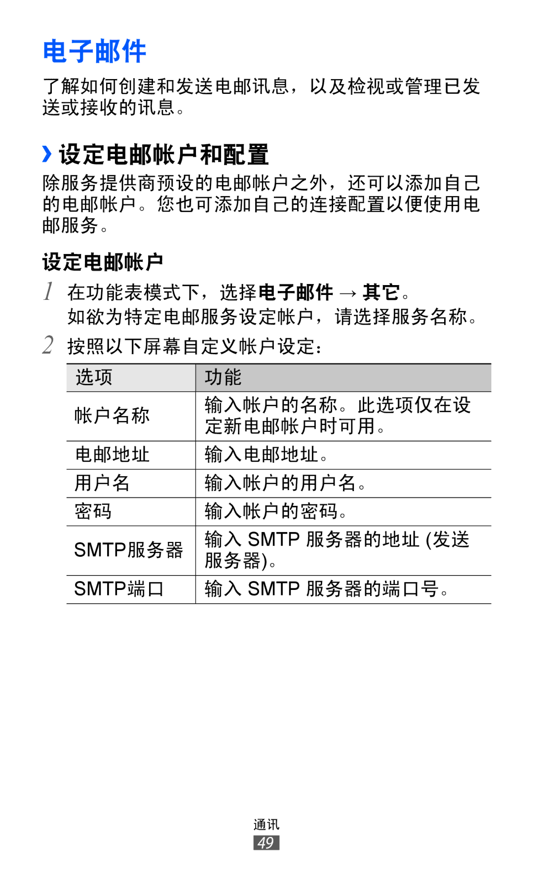 Samsung GT-S8600HKAXEV, GT-S8600HKAXXV manual 电子邮件, ››设定电邮帐户和配置 