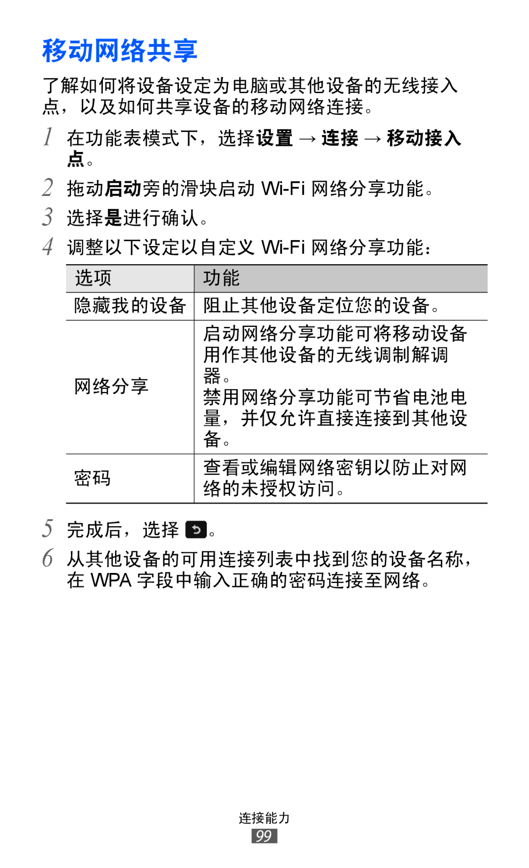 Samsung GT-S8600HKAXEV, GT-S8600HKAXXV manual 移动网络共享 